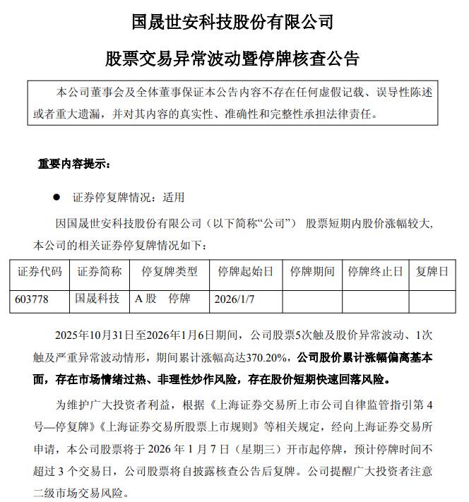 国晟科技: 公司股票交易异常波动 将停牌核查