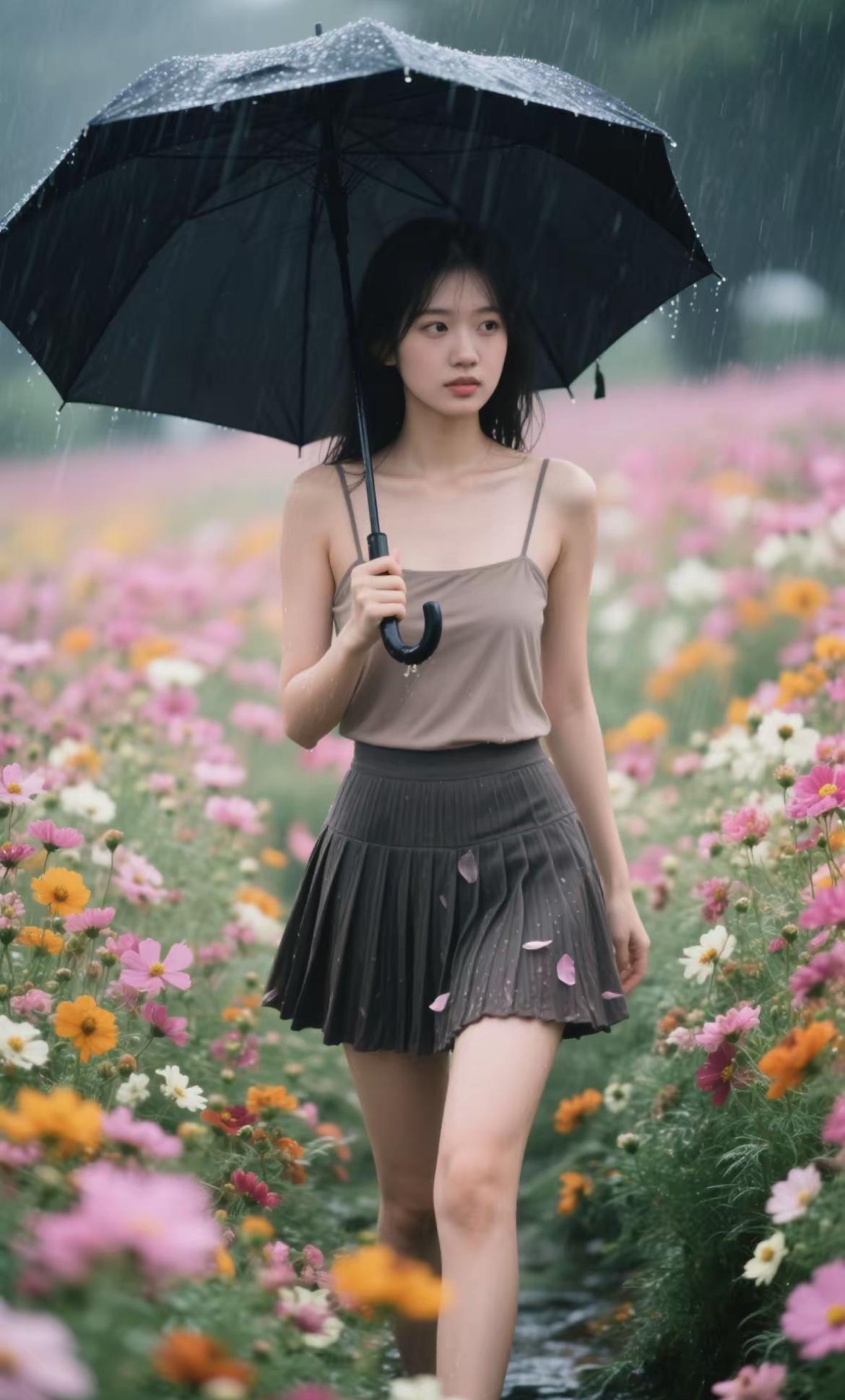 雨中漫步，彩虹裙下的浪漫时光粉色的优雅漫步雨中的美女
