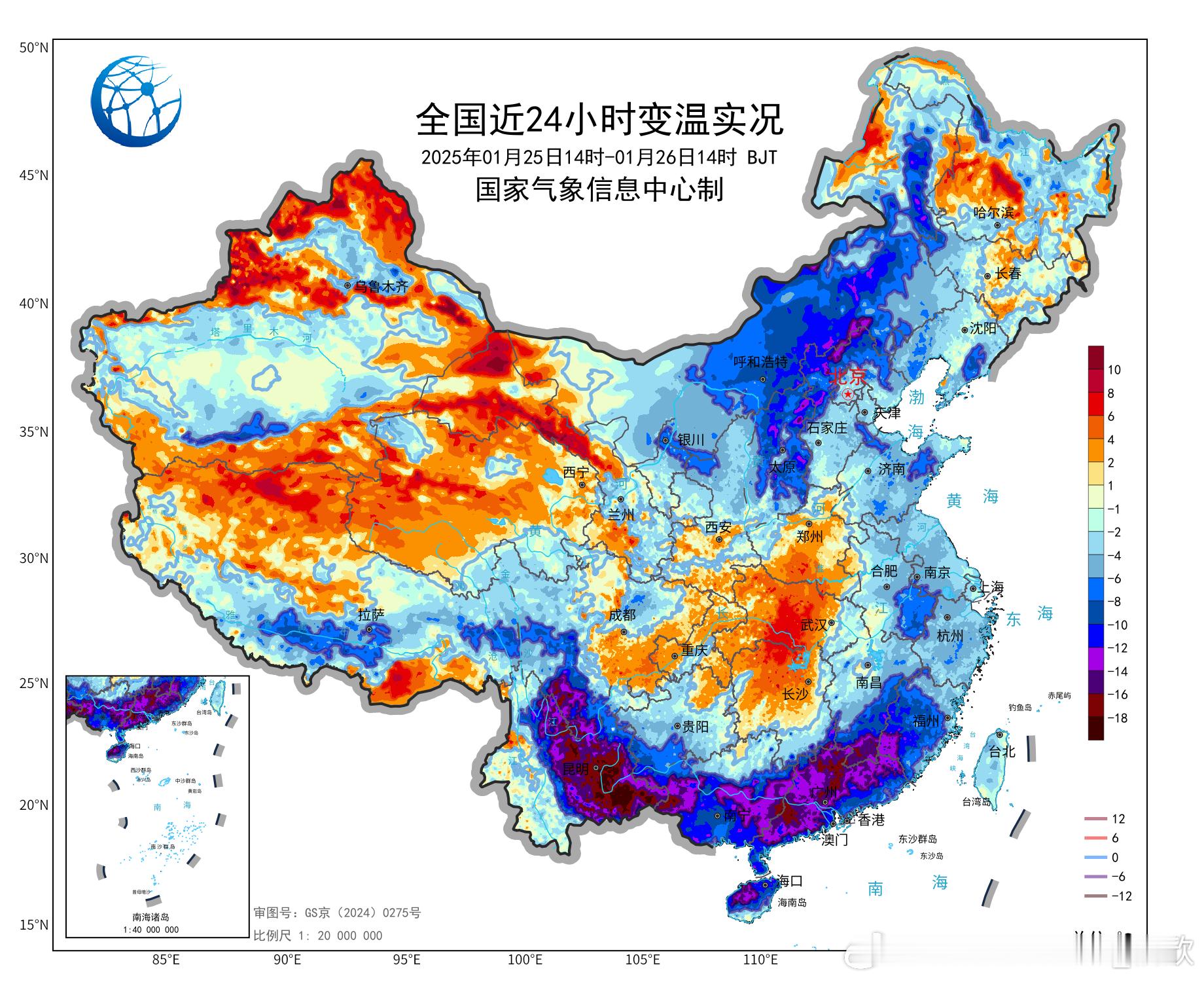 【南方剧烈降温】今天寒潮分别向西翻过乌蒙山、向南翻过南岭，导致今天云南、广西、广