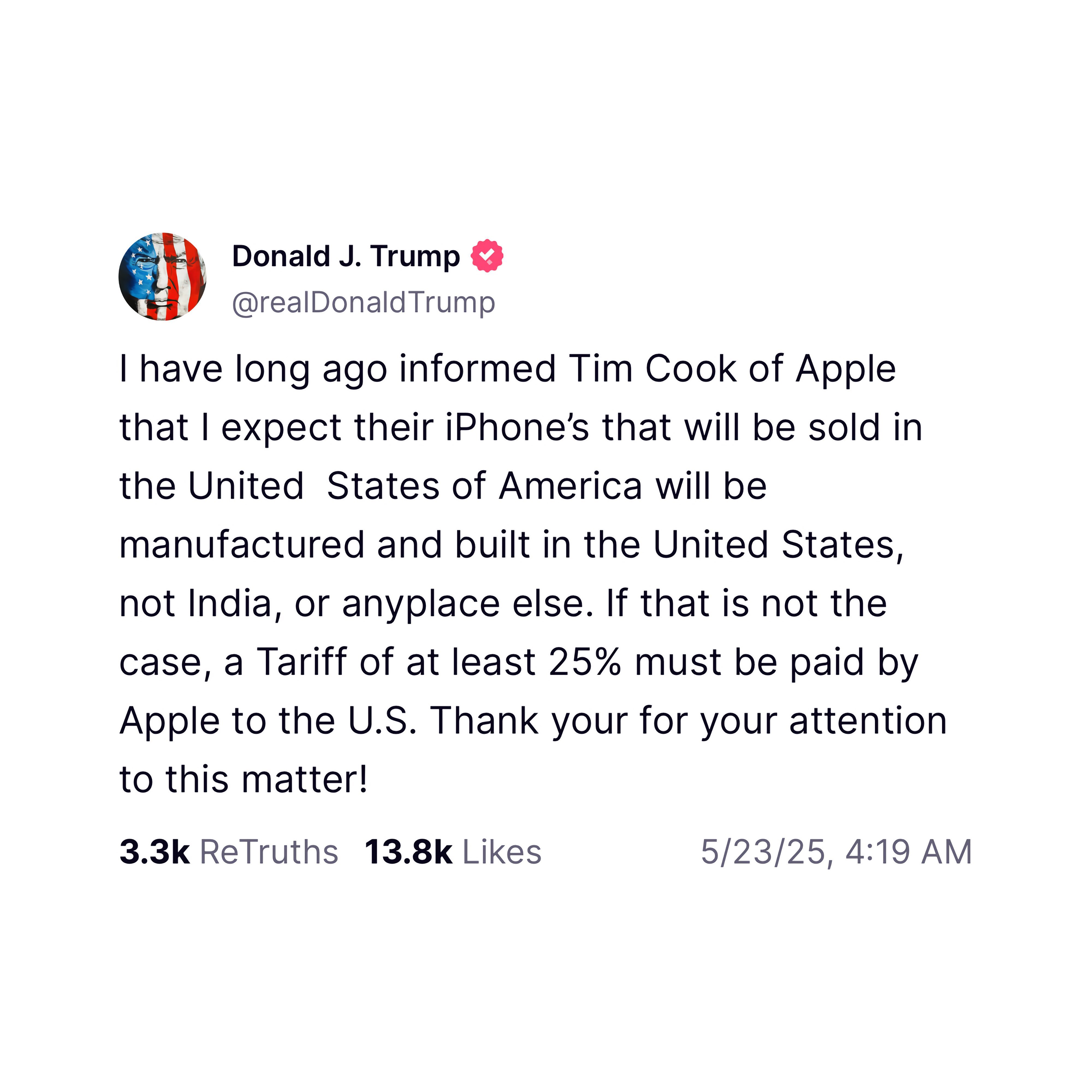 特朗普：我早就警告过库克，我希望在美国销售的iPhone是在美国制造和组装的
