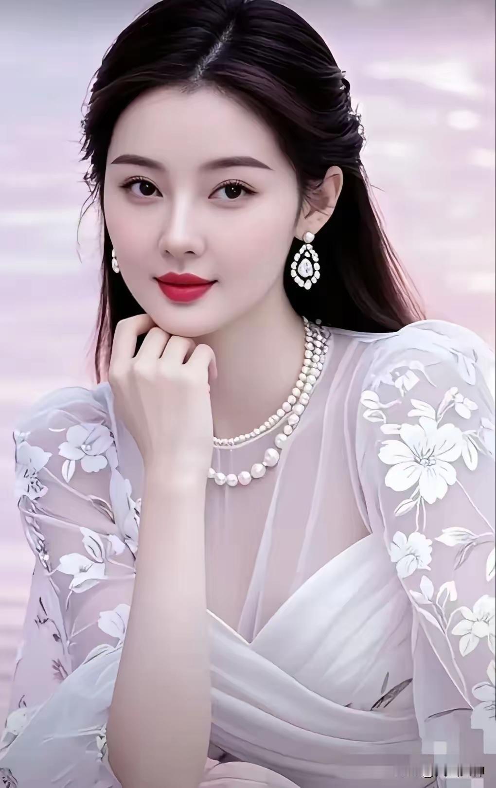 温柔优雅的古典美人，红唇白衣，宛如画中仙子。