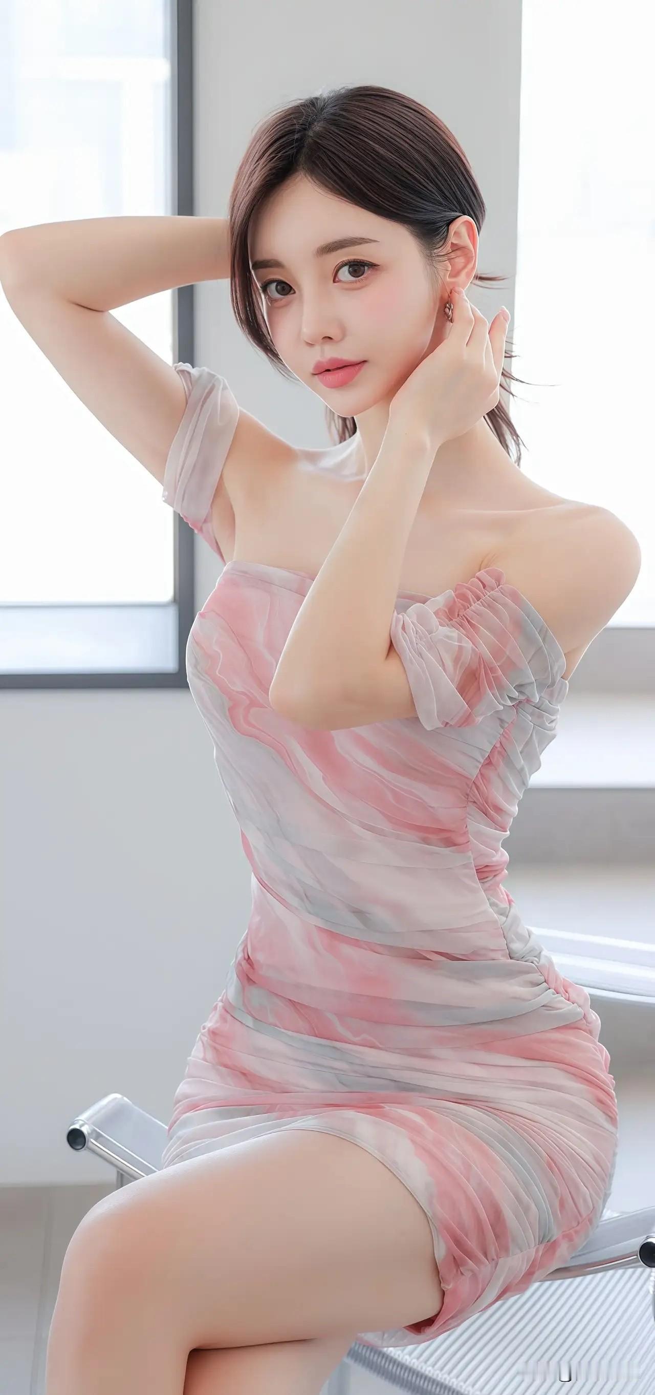 温柔粉裙少女，优雅坐椅间，微笑如春风孙允珠孙允珠极品美图模特模特的神仙身材