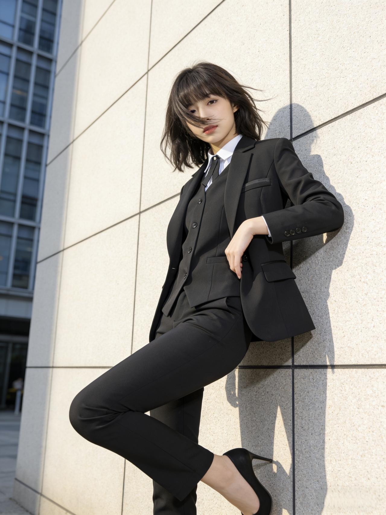 都市女郎风范，黑色西装搭配，自信满满！黑色西装利落剪裁，勾勒出都市女郎的独立气场