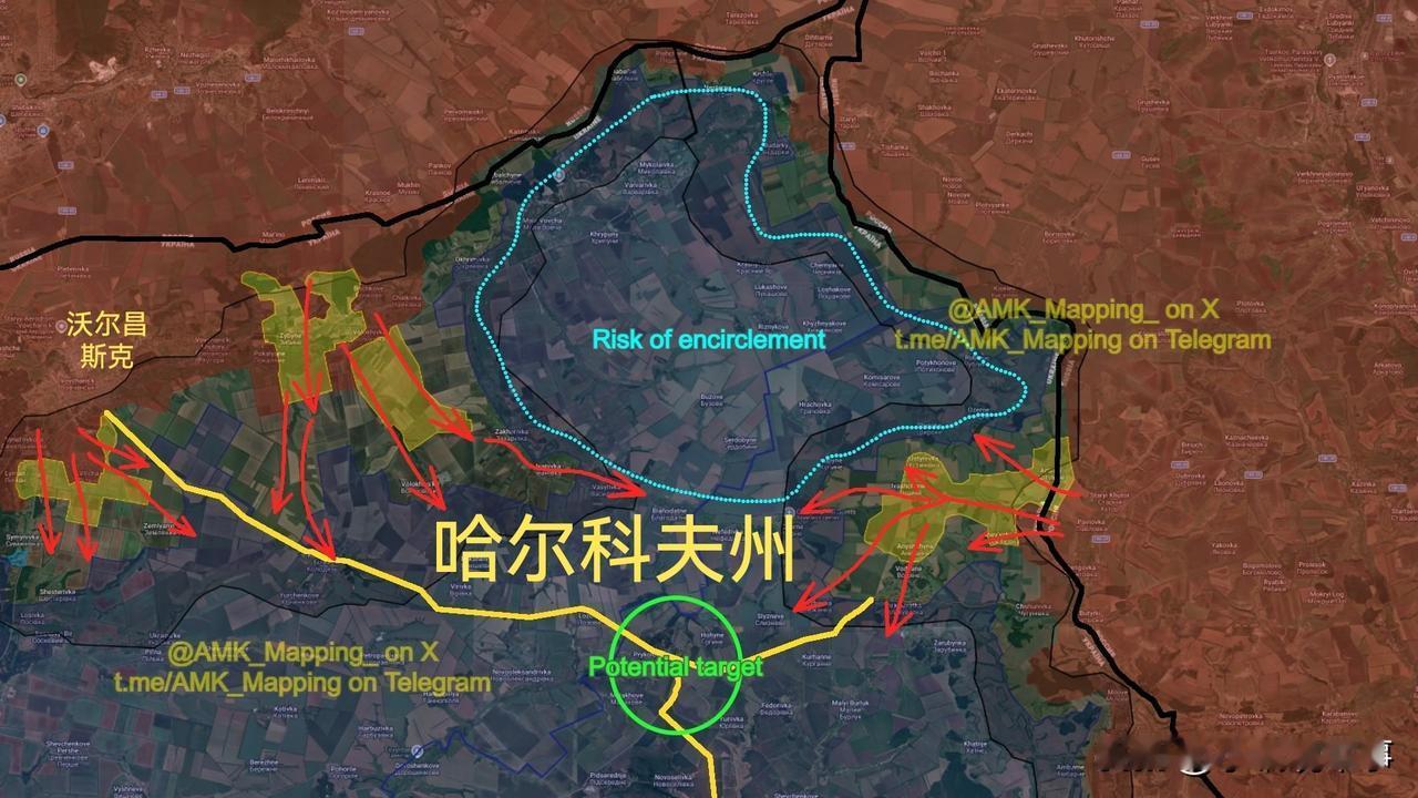 在俄军攻占多个村庄后，哈尔科夫州东北部的一大块区域（图一的蓝色虚线区域）面临着被