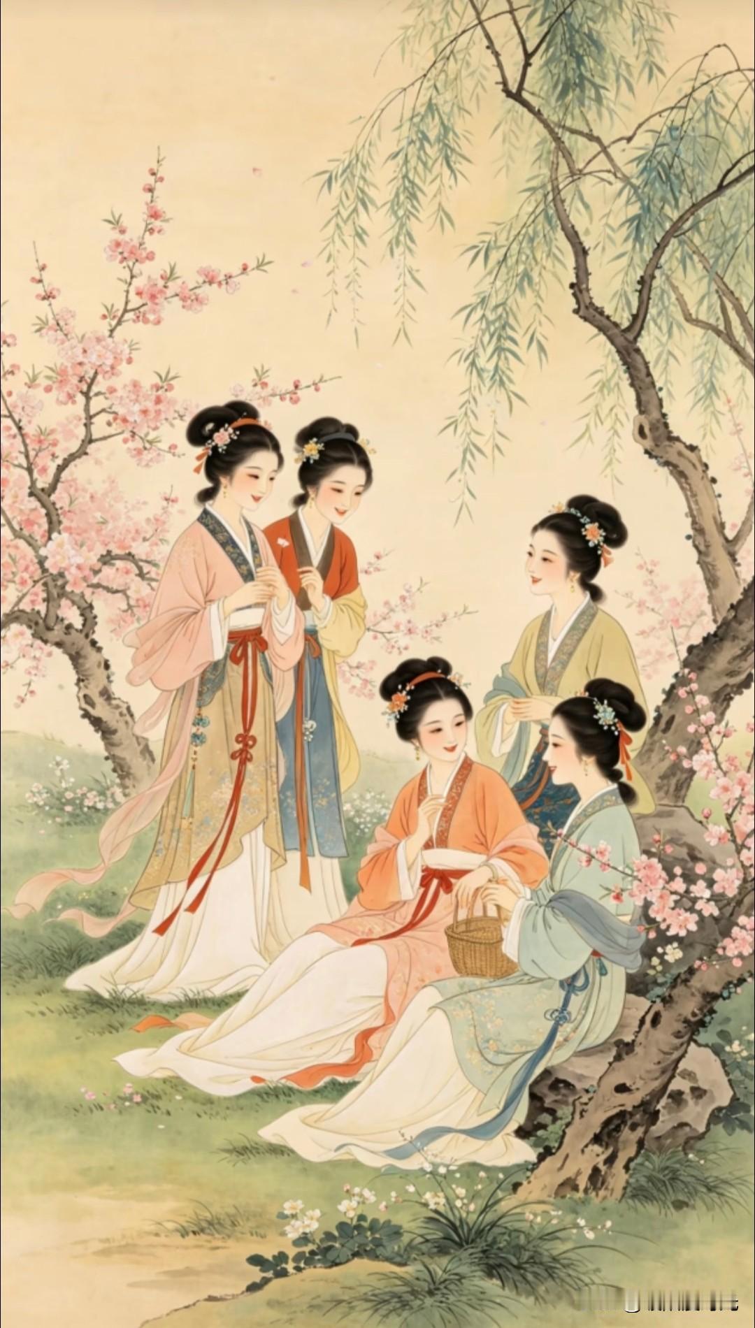 闺蜜结伴踏春行，笑语嫣然醉花荫。江南梦古风仕女游春图分享游春图古风插画
