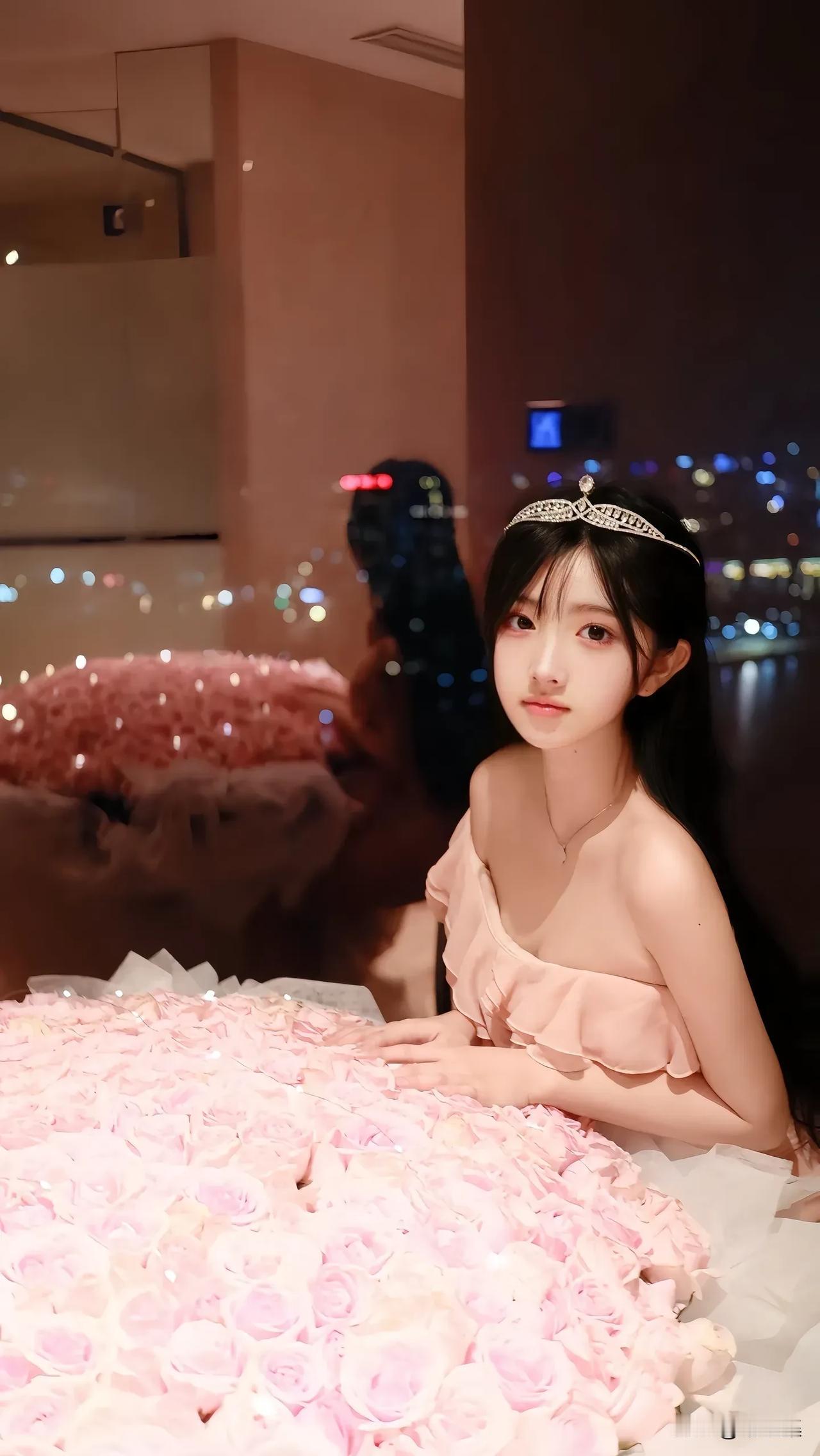 梦幻花海中的少女，唯美浪漫之夜