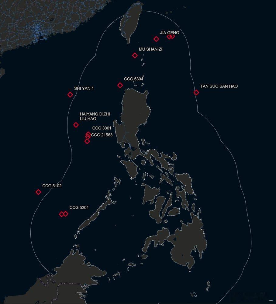 中国海警舰艇和科考船今天在南海东部海域、台湾岛以东海域和菲律宾以东海域执勤、作业