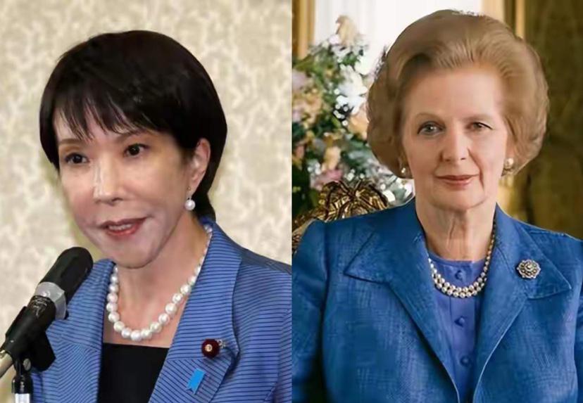 一个是英国首任女首相，一个是日本人首任女首相撒切尔夫人一袭蓝色西服套装，佩