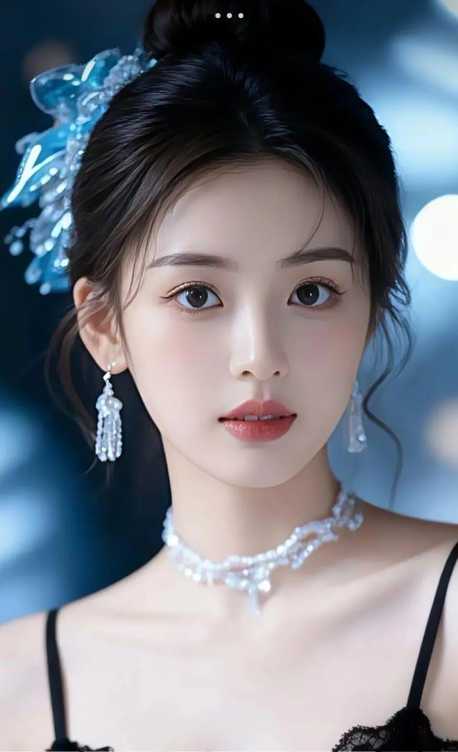 梦幻蓝发少女，精致妆容，优雅气质，美轮美奂。