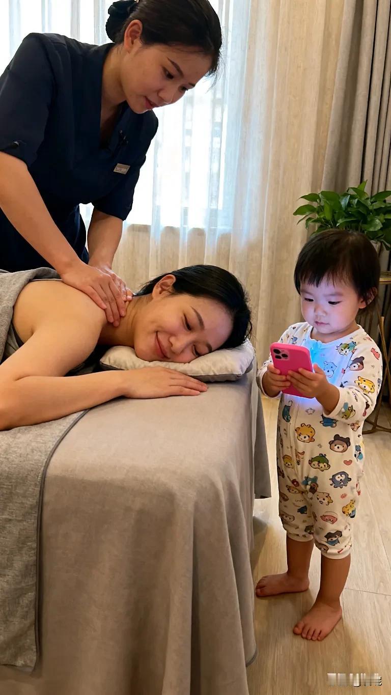 昨天例行推拿放松碰到一个宝妈带着2岁左右的孩子来推拿1个半钟,小孩子就拿着手