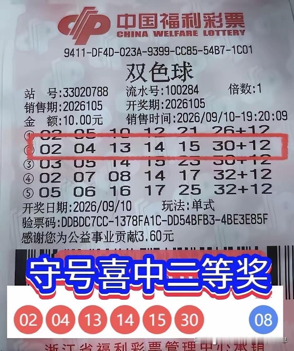 自选+守号，浙江彩民10元拿下双色球二等奖14.8万元奖金，可惜蓝球没选对错失千