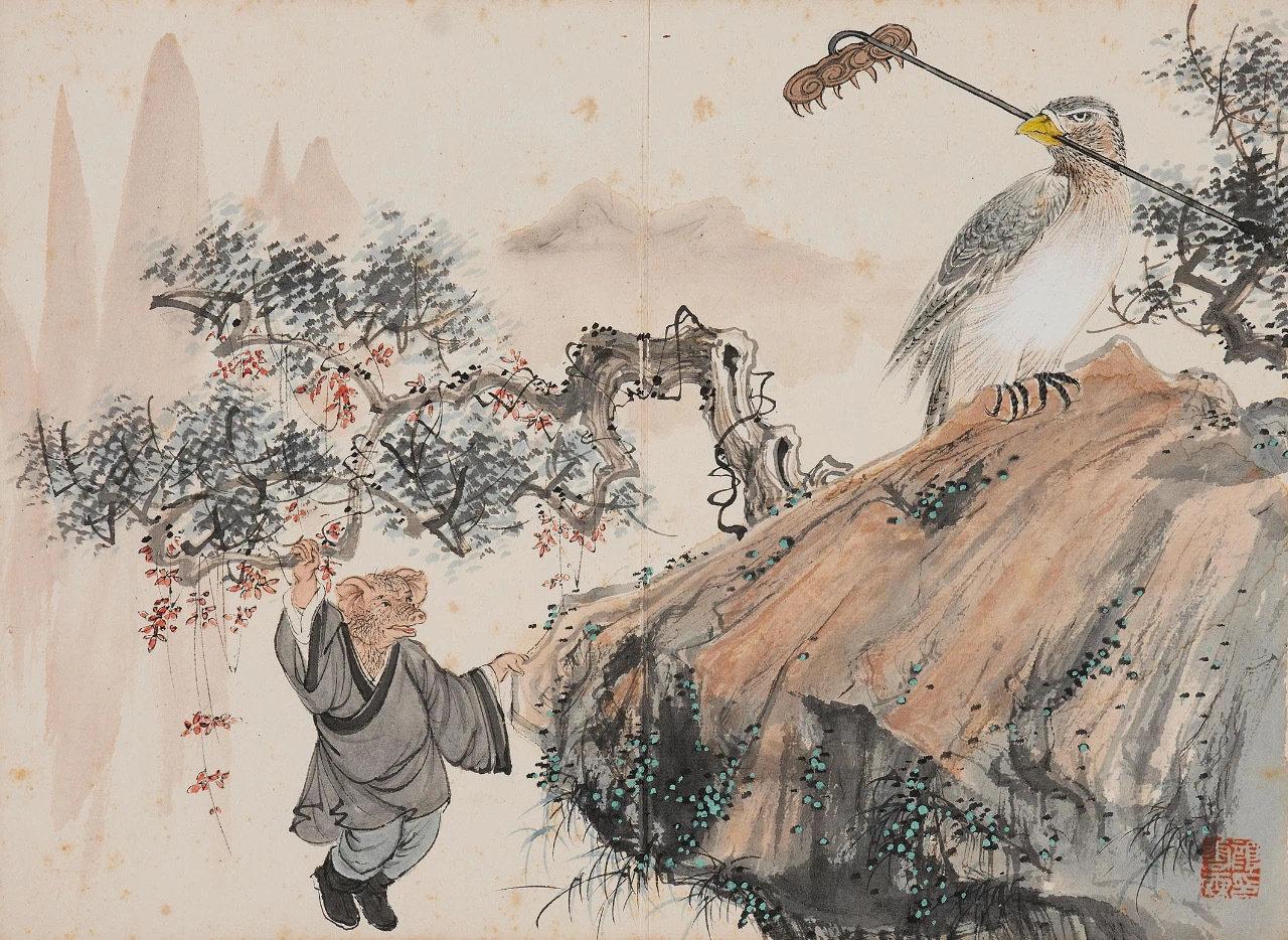 颜伯龙《西游记图册》颜伯龙是著名的花鸟画家，他笔下花鸟图，古意盎然，耐人回味。