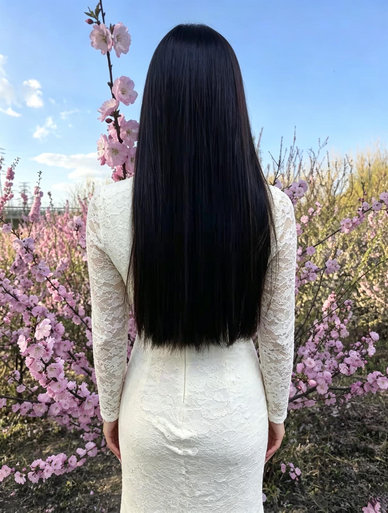 粉树繁花映浅妆，伊人背影立春光。青丝垂落如流水，素影亭亭立夕阳。漫看枝头春色