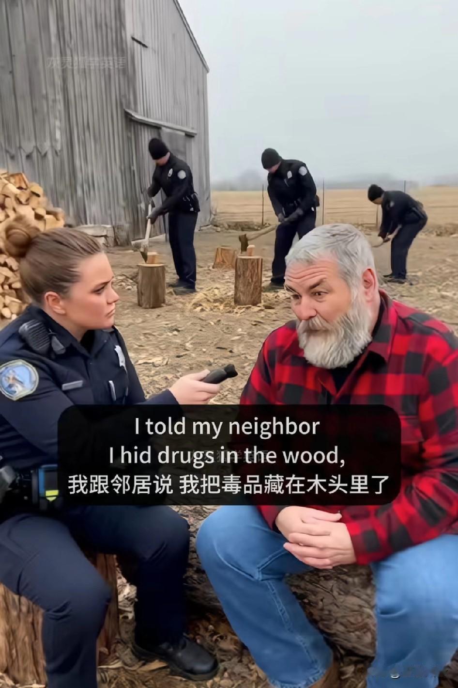 当我把秘密告诉邻居:我把毒品藏在木头里了，结果现在警察正在劈我冬天要用的柴火