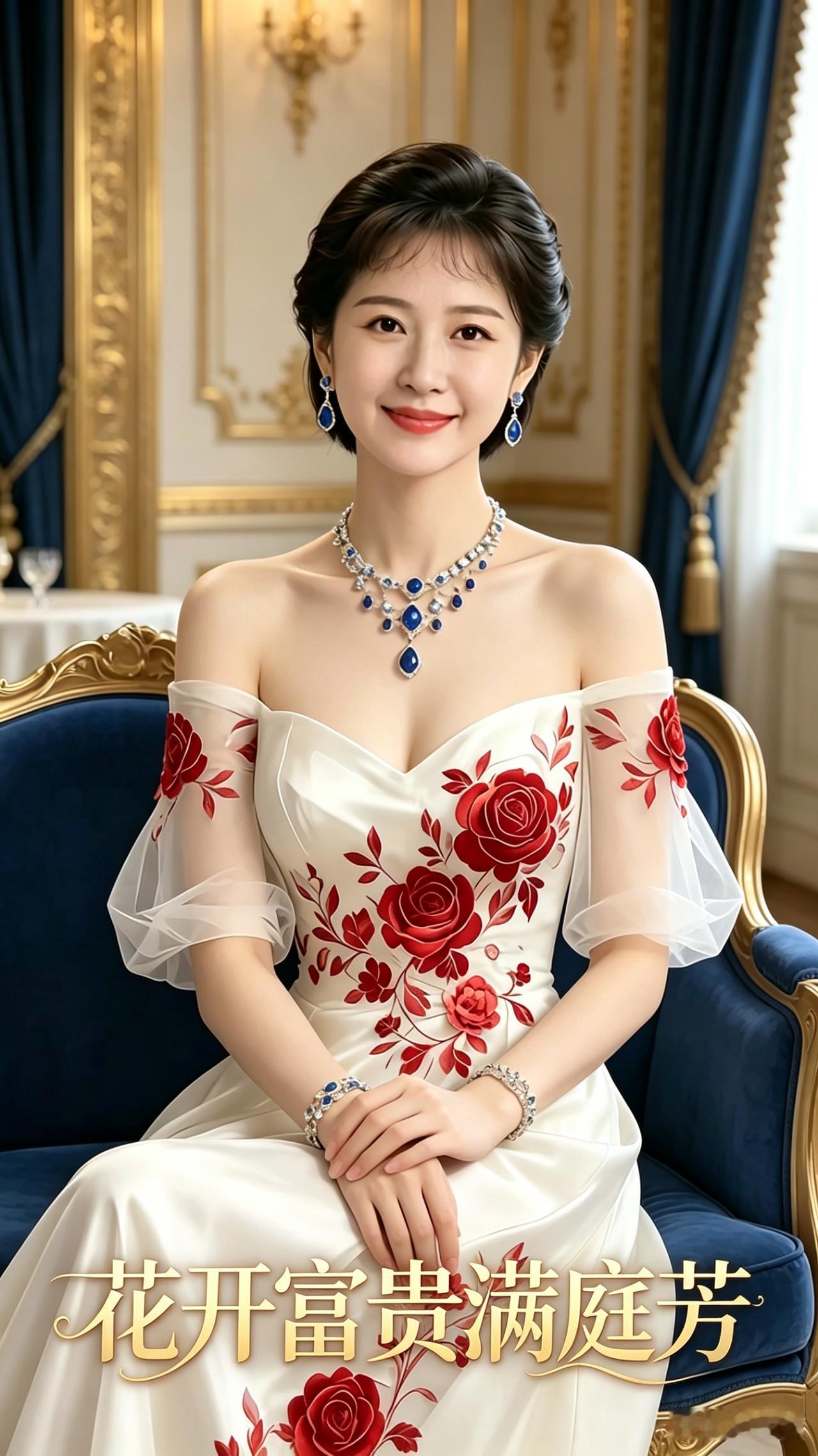 花开富贵满堂香静坐佳人韵味长三载姻缘成旧梦今朝心向暖韶光三十五年风采在