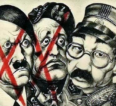 二战，美国人画了一张漫画。漫画上面画了三个人。从左到右分别是希特勒、墨索里尼与日