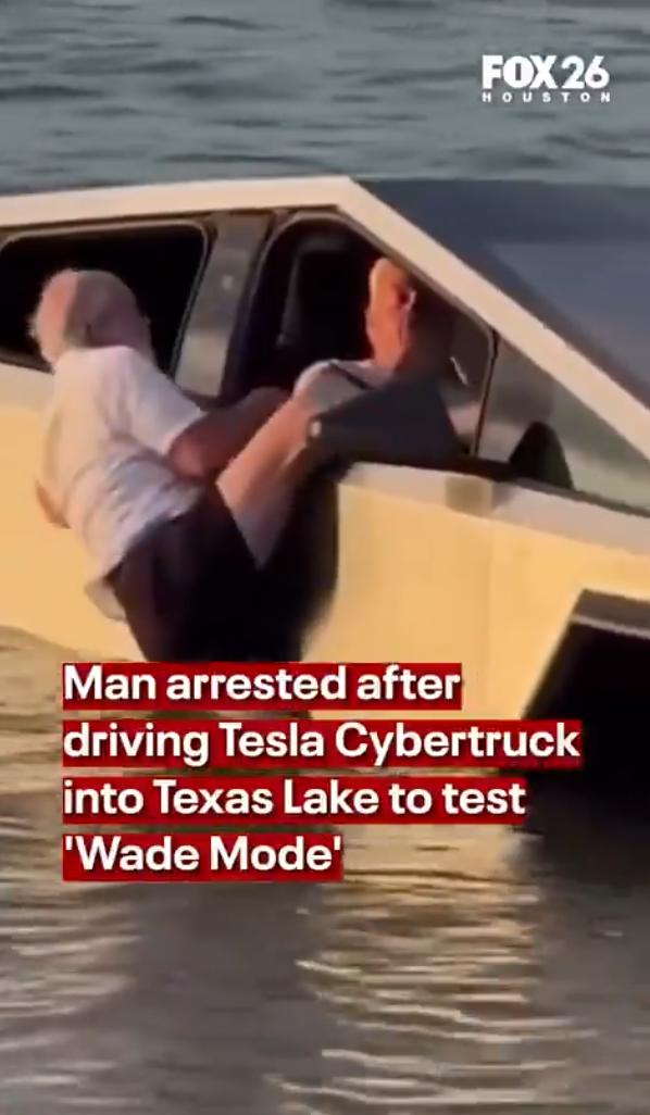男子驾驶特斯拉Cybertruck皮卡冲入德克萨斯州湖泊测试“涉水模式”后被捕