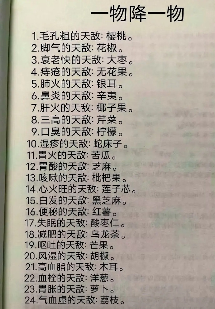 一物降一物！1.毛孔粗的天敌:樱桃。2.脚气的天敌:花椒。3.衰老快的天敌