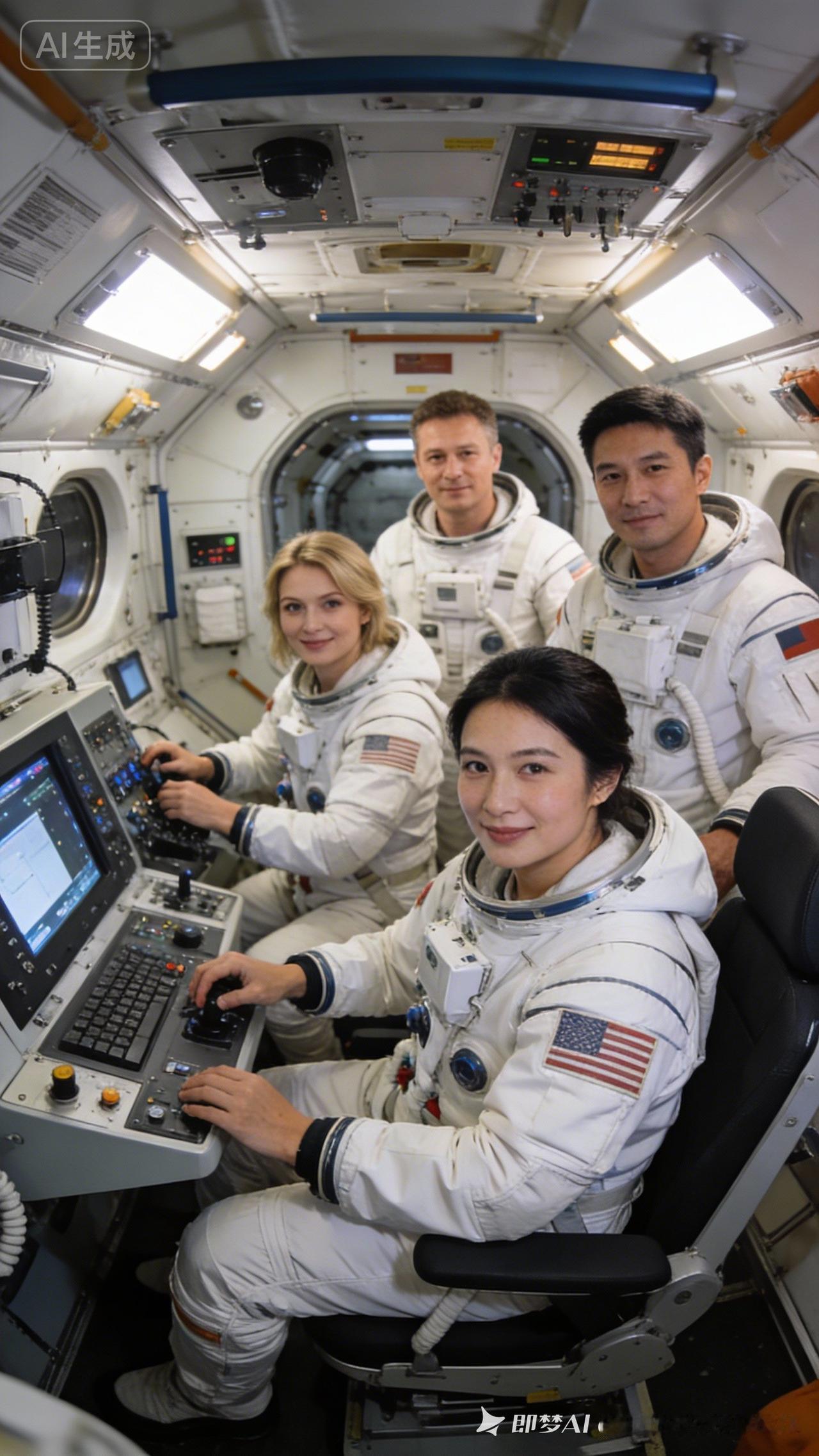 四位宇航员在太空舱里工作。