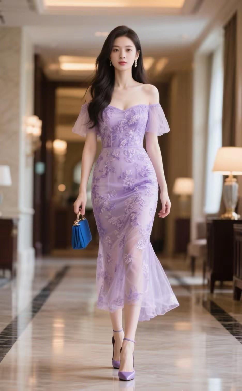 优雅紫色礼服，漫步在奢华酒店走廊
