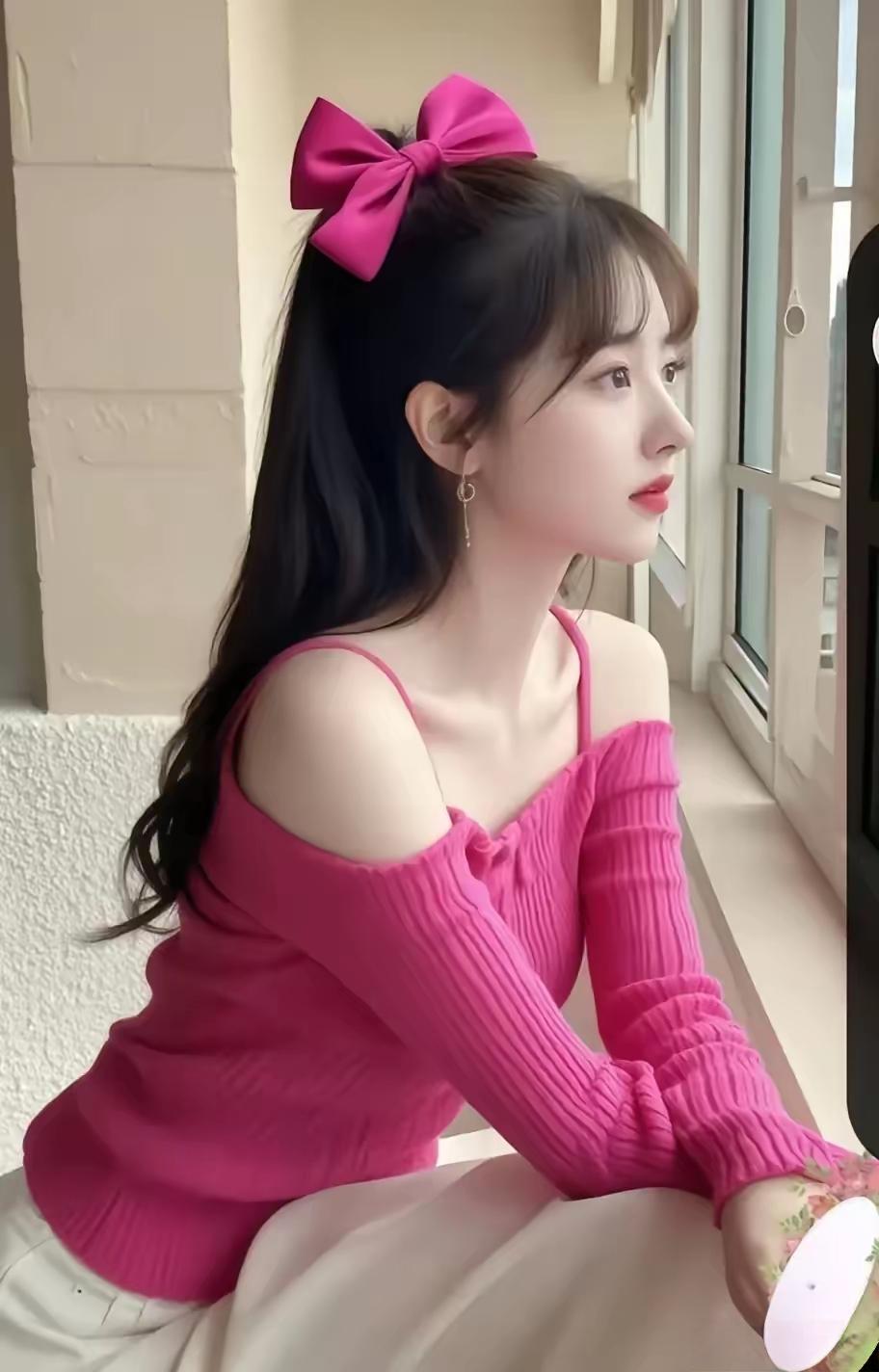 甜美少女心爆棚，粉色毛衣+蝴蝶结发饰，元气满满的一天！💖💕