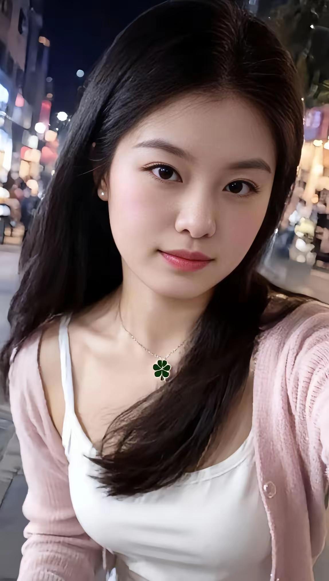 夜晚街头的温柔自拍，四叶草项链点缀，甜美动人。