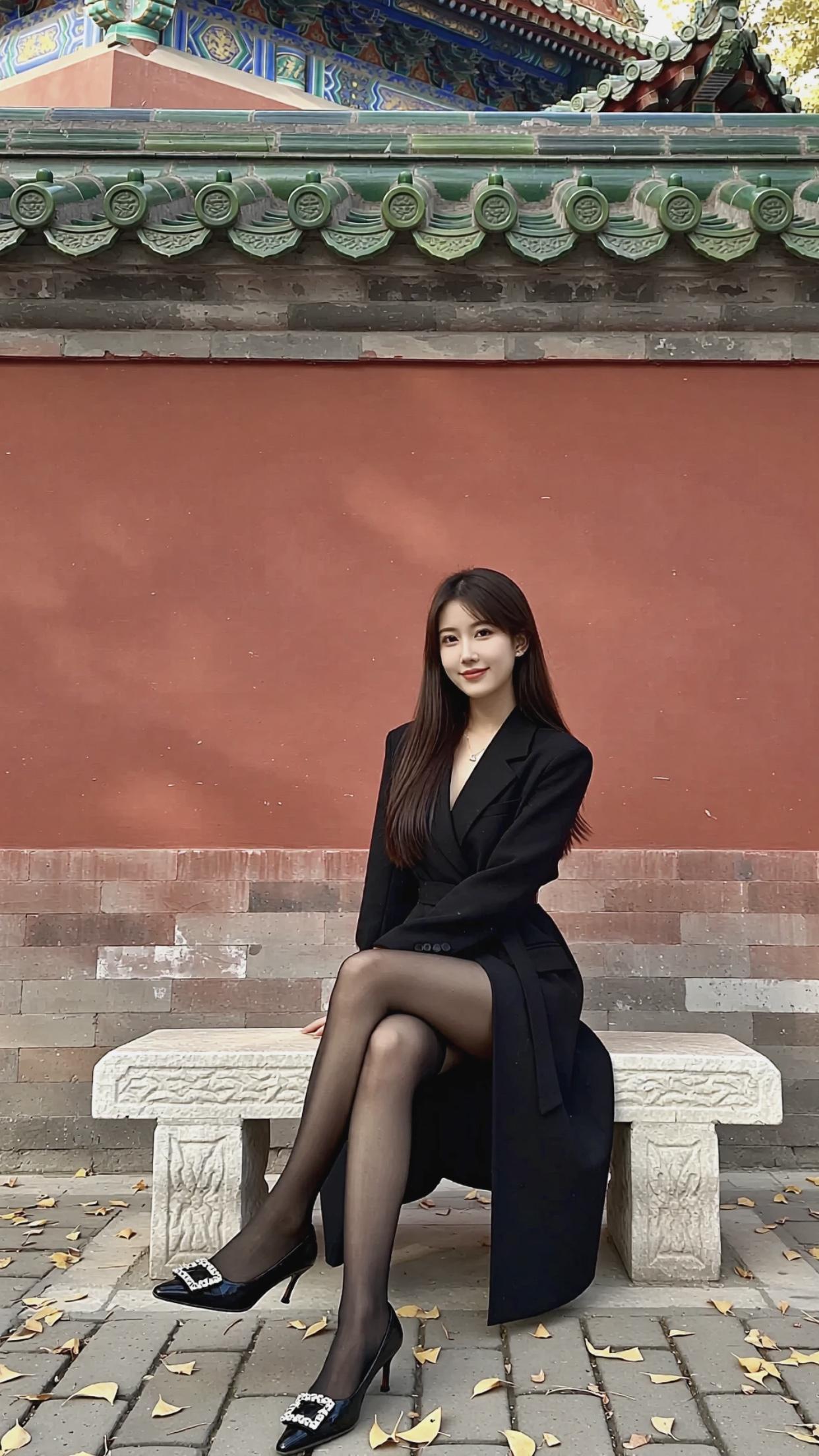 哪位女神最让人眼前一亮秋日红墙前，黑衣美人坐，优雅动人。