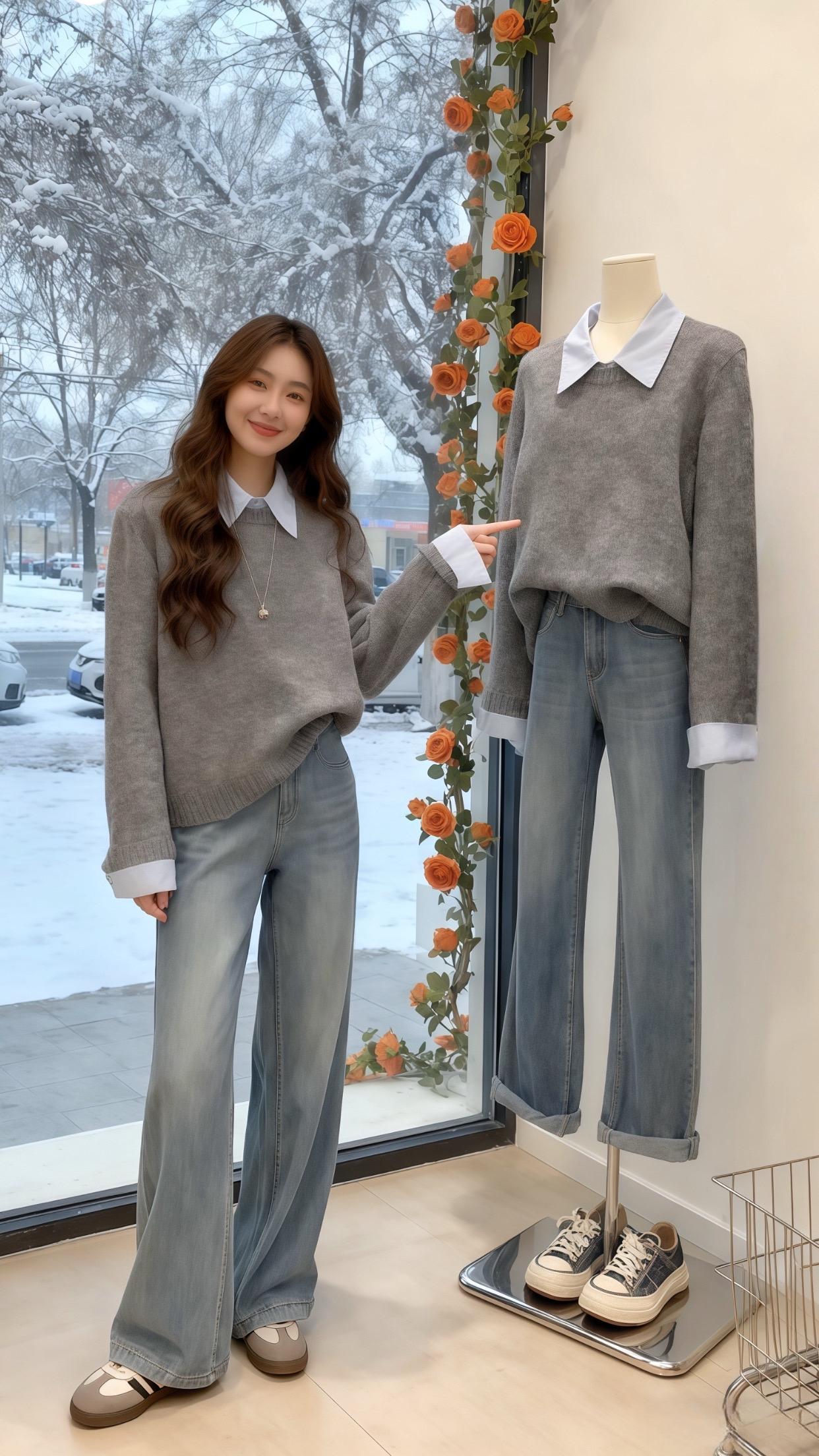 专属秋冬的慵懒感，一件拼接假两件毛衣就能穿出毫不费力的韩系范儿～