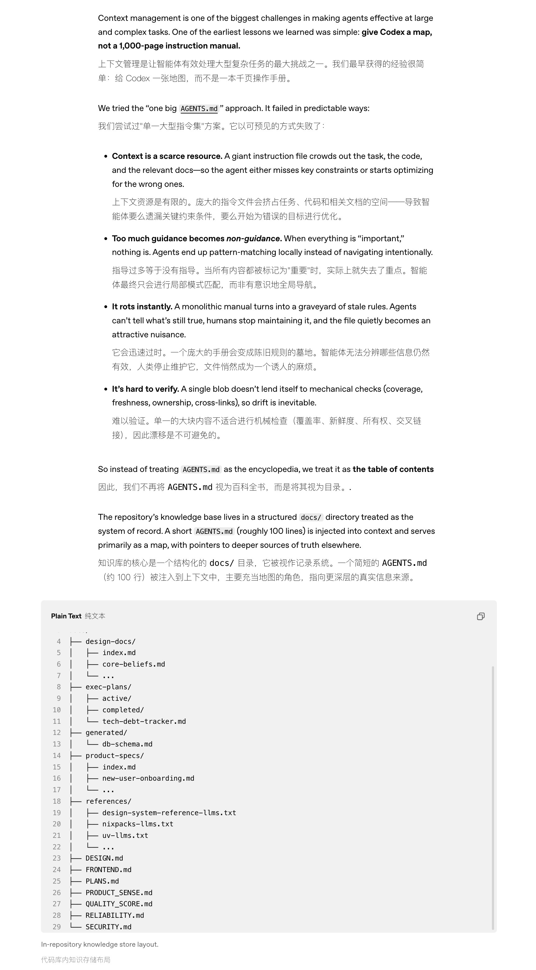 继续来看文档，OpenAI在构建CodeX时，关于怎么做Agent.md
