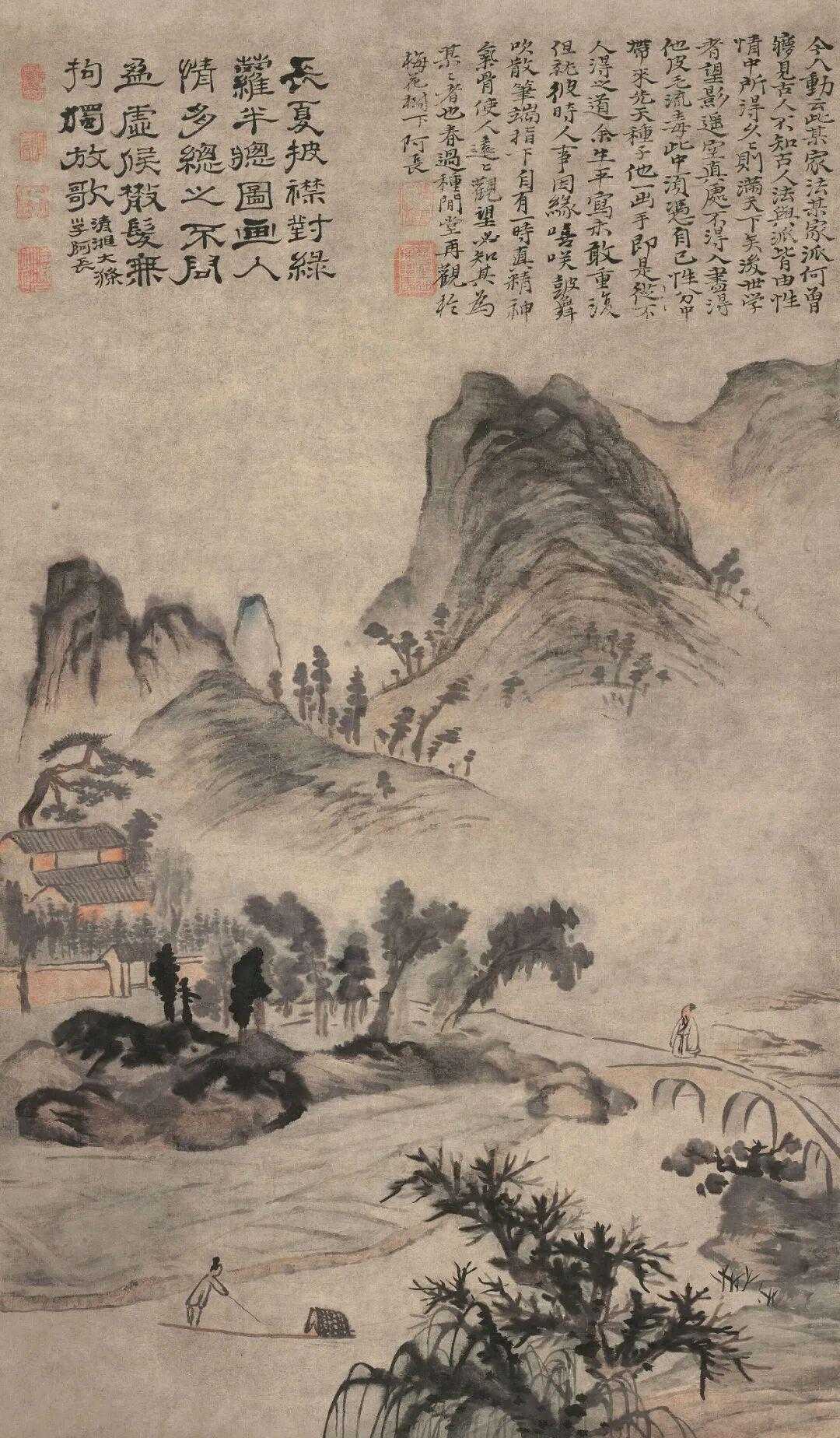 石涛《长夏放歌图》，立轴 设色纸本80.5×47cm。钤印：前有龙眠济、阿长