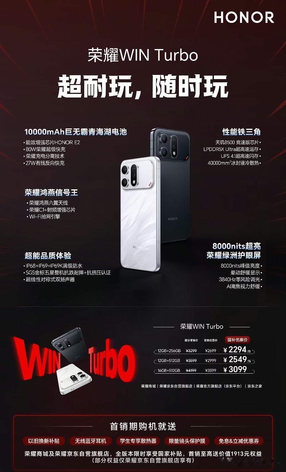荣耀winturbo发布，首发2699元起售，配备10000mAh电池，我们来