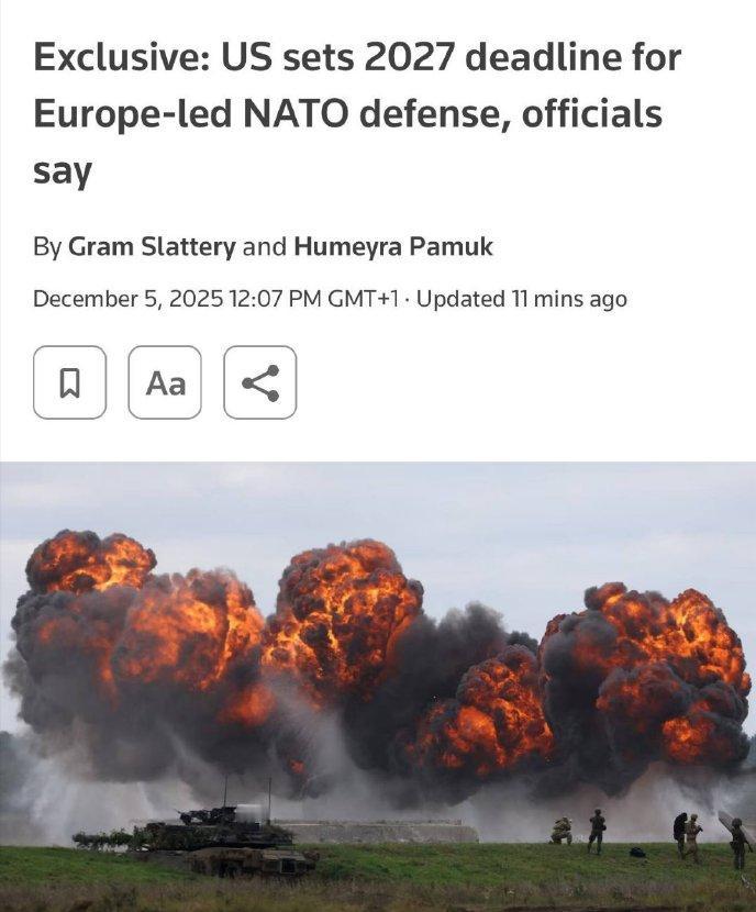据路透社报道，美国政府向访美的欧洲代表团表示，美国希望欧洲在2027年前接管北约
