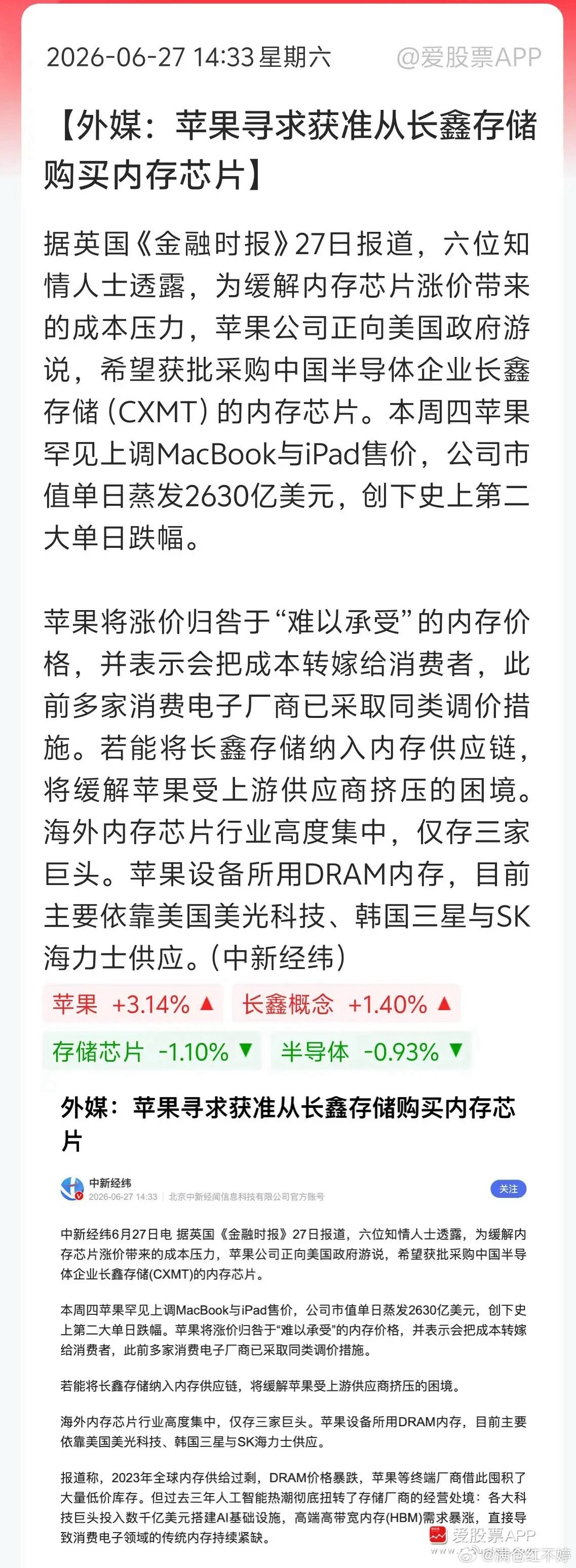 继谷歌之后，苹果也打算向长鑫采购内存芯片，实打实重大利好！目前存储芯片缺口很大，