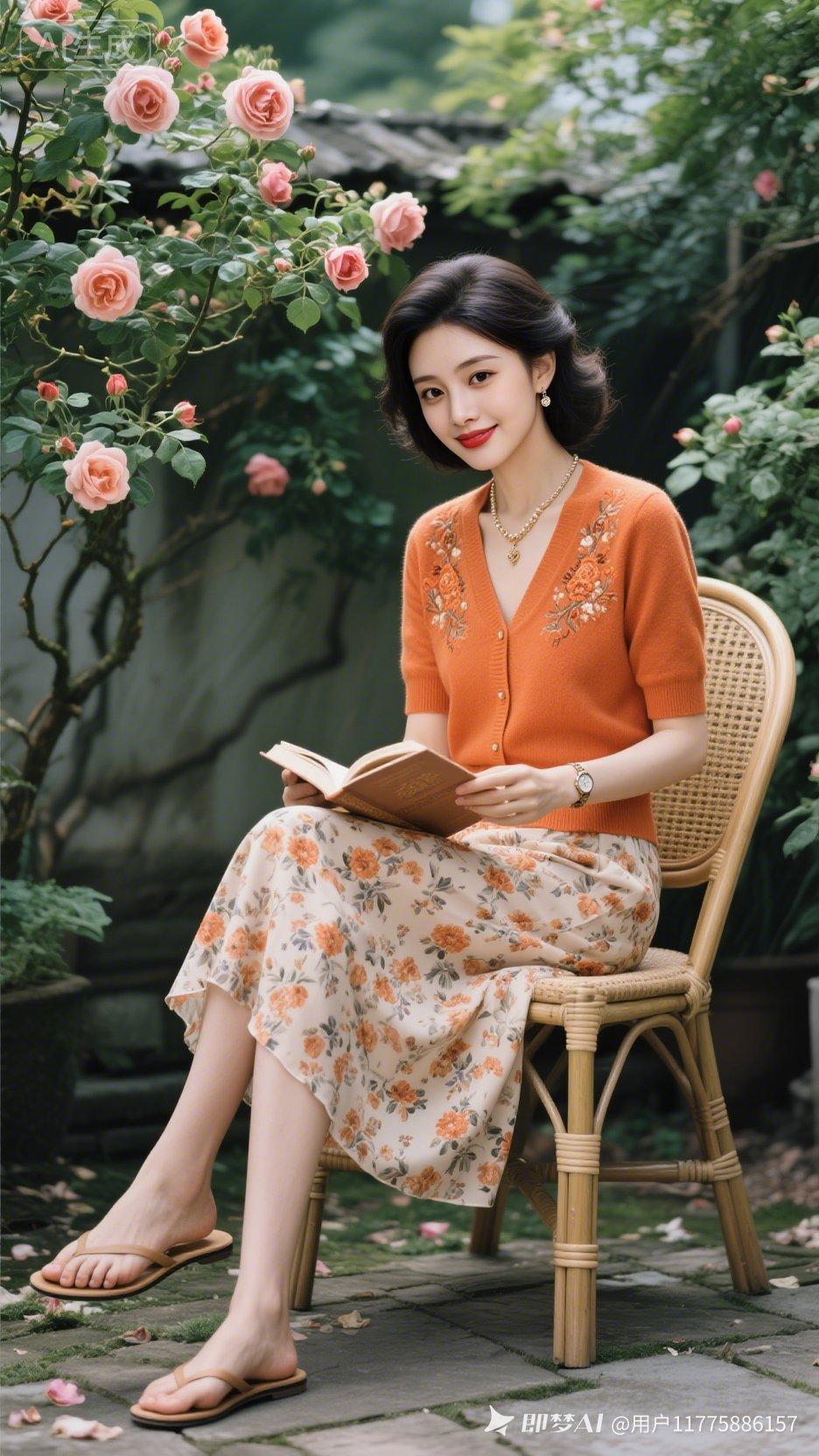 优雅阅读时光，粉色玫瑰与复古连衣裙的完美搭配。