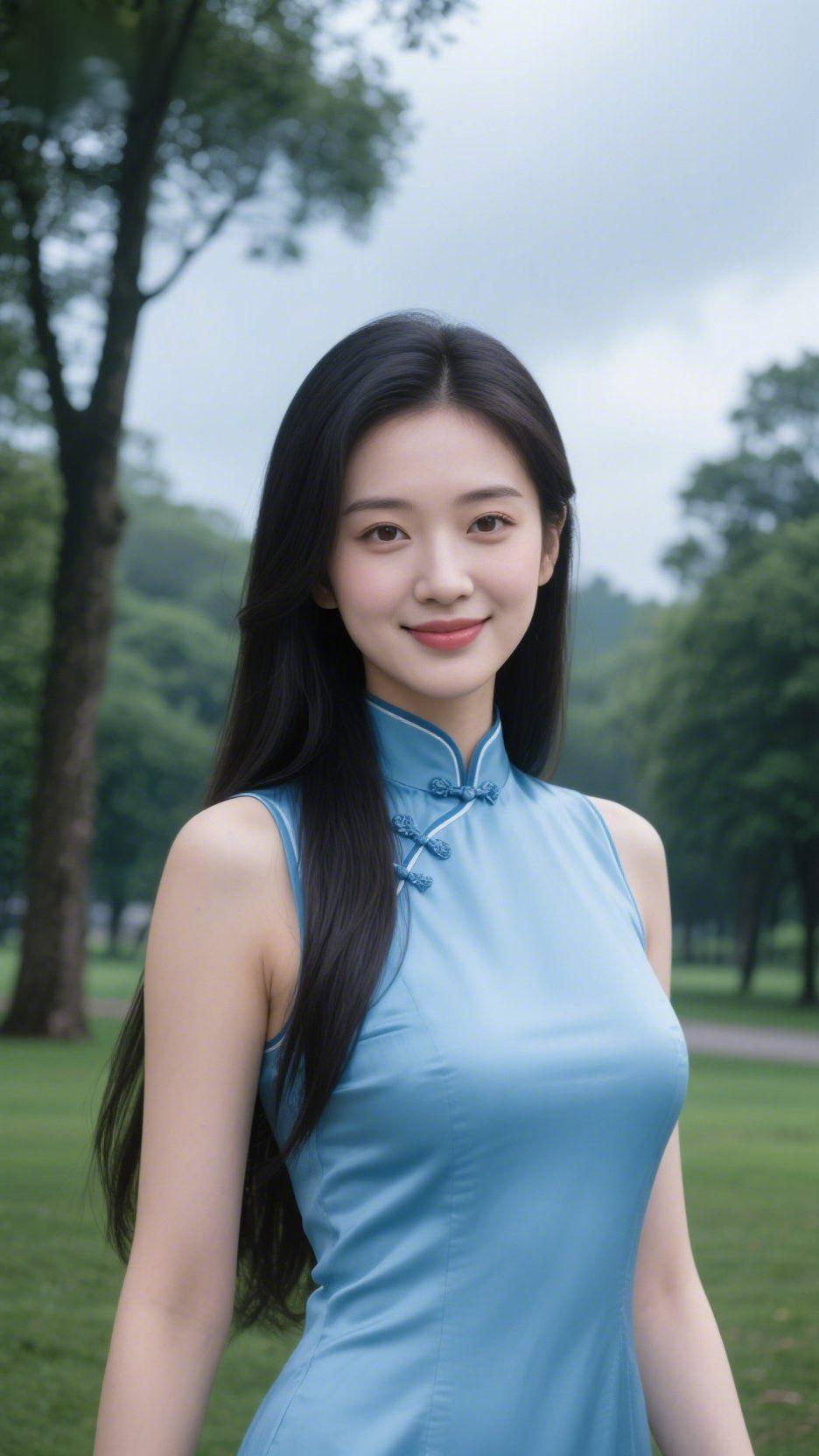 《青蓝旗袍里的春清》草地浸着雾的柔，她是这绿意里落定的一抹青蓝——旗袍裹着