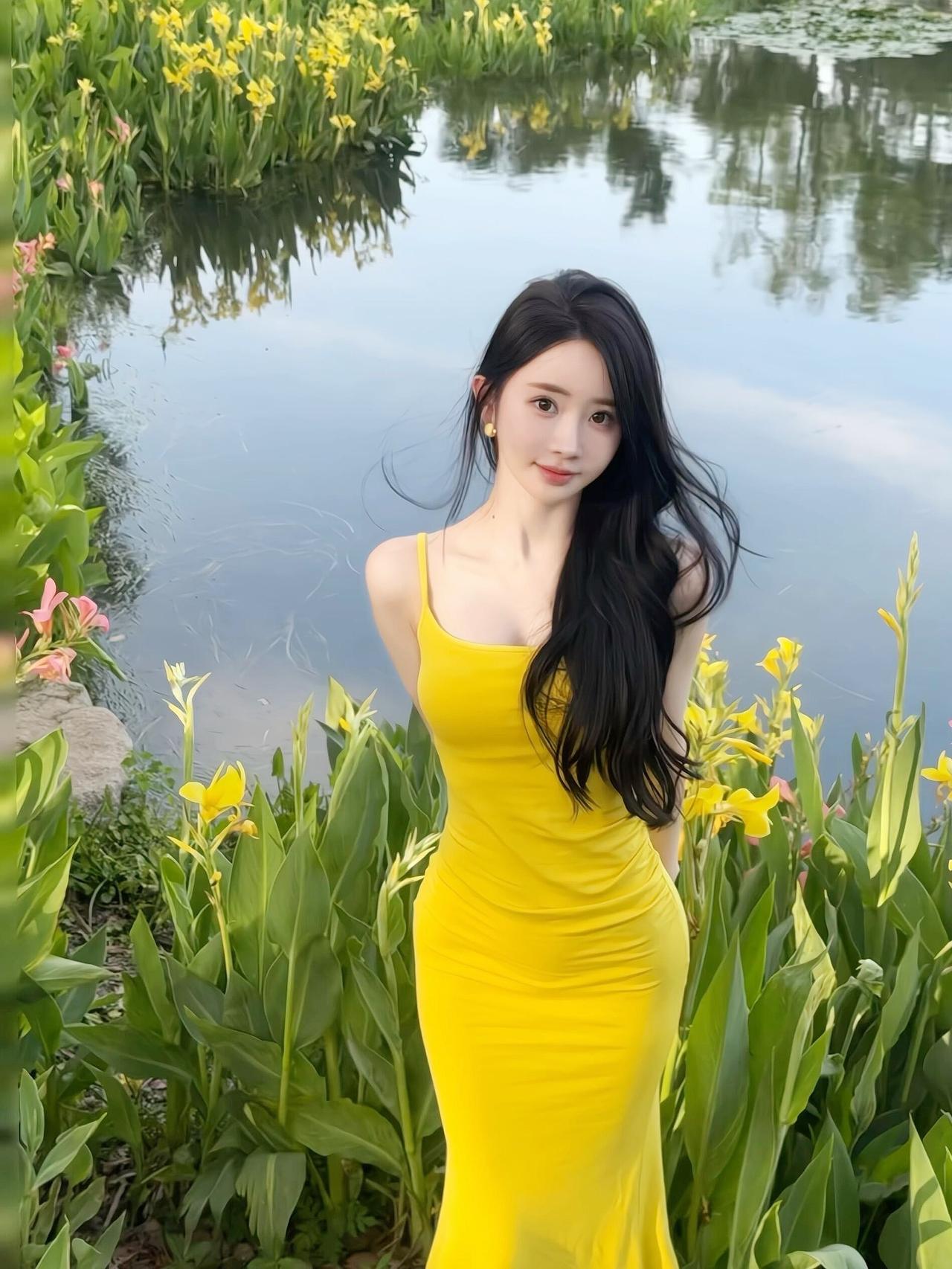 湖边繁花衬芳颜，黄裙翩翩似仙女！养眼美照分享高清美女