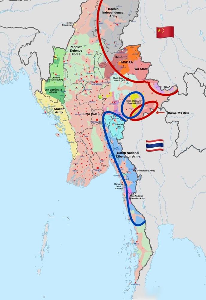 缅甸是否正在逐渐裂开？蓝色区域目前主要流通泰铢，红色区域主要用人民币，这其实