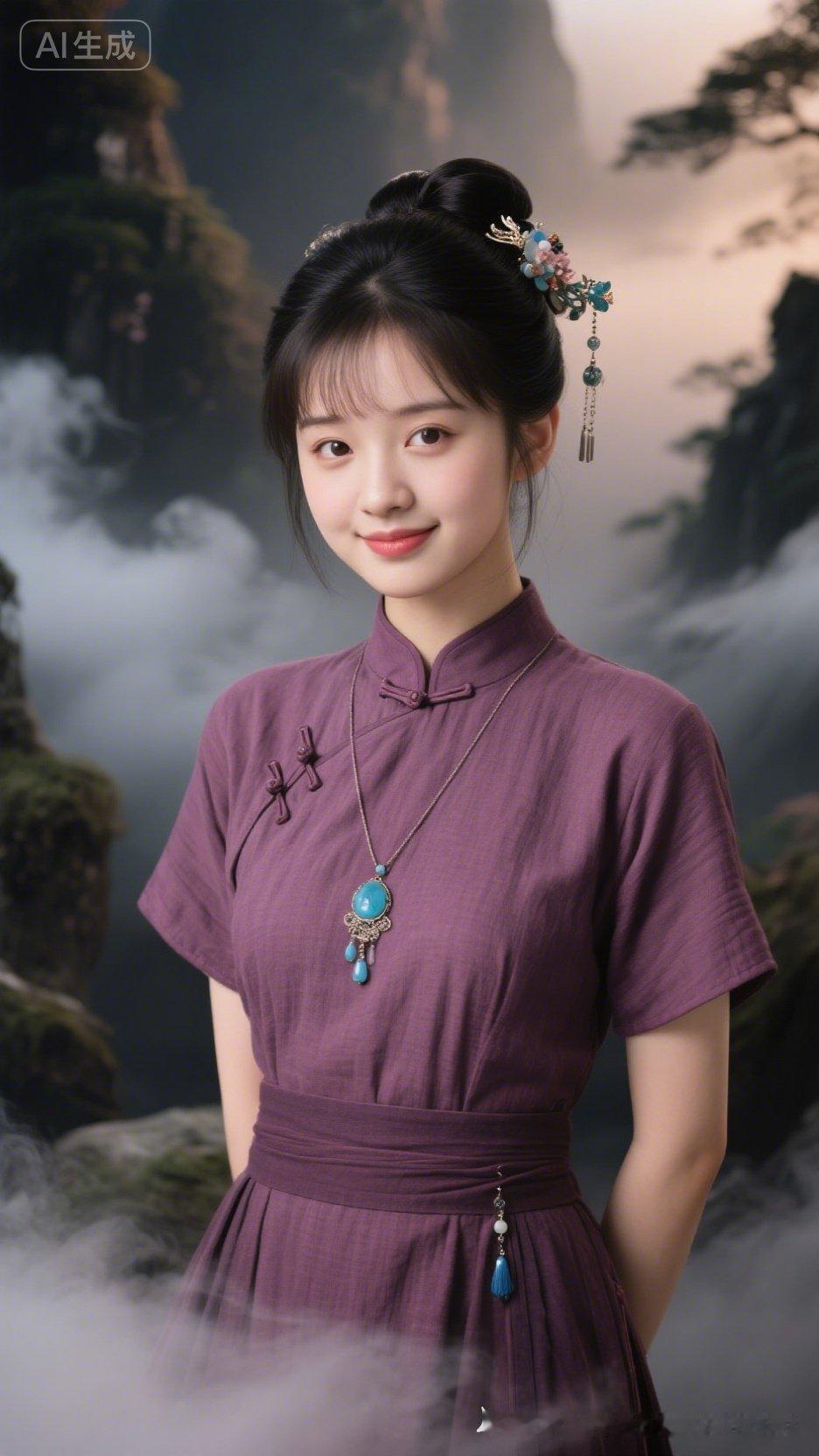 19岁古风少女圆脸桃花眼，刘海盘发配全套精致头饰，紫红盘扣短袖布衣，腰间蓝玉佩步