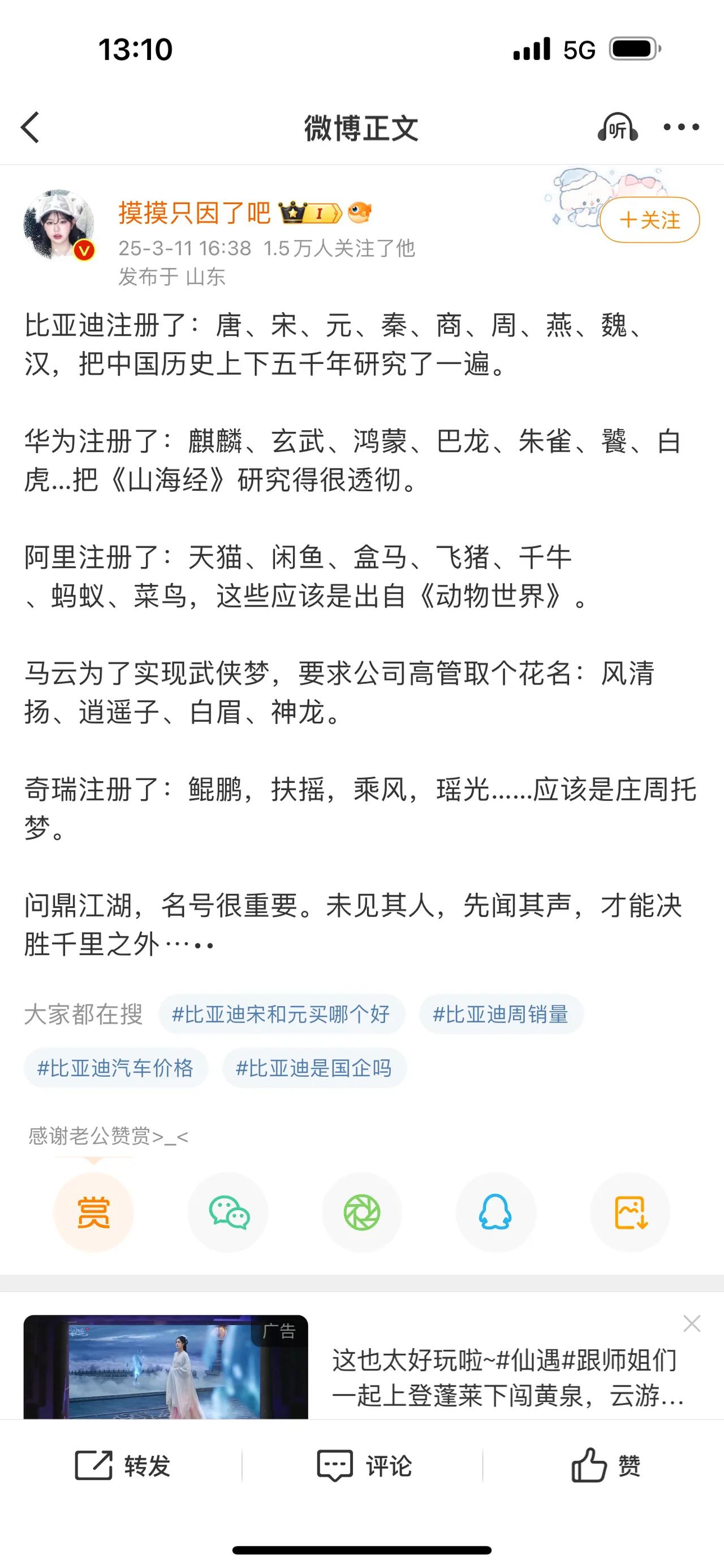 比亚迪注册了：唐、宋、元、秦、商、周、燕、魏、汉，把中国历史上下五千年研究了一遍