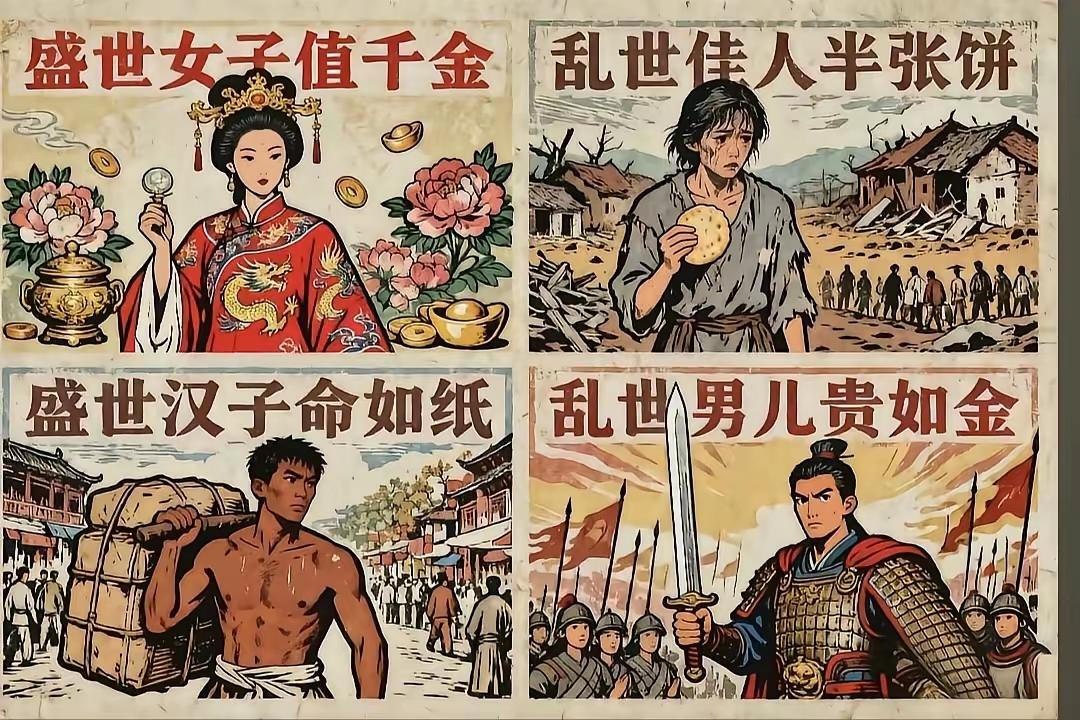 这就是女人和男人不同时代的区别吧。和平年代女人值签金。乱世半张饼……和平年