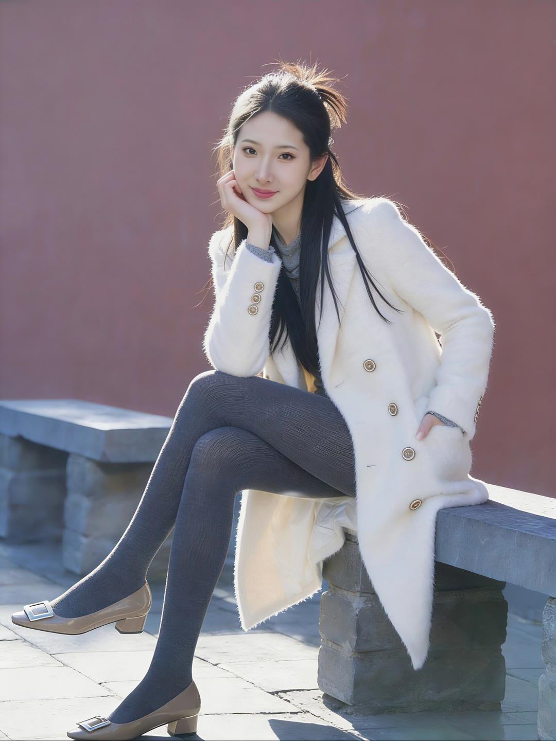 冬日暖阳下的优雅穿搭，白色大衣与灰色丝袜的完美搭配，尽显温柔与时尚。