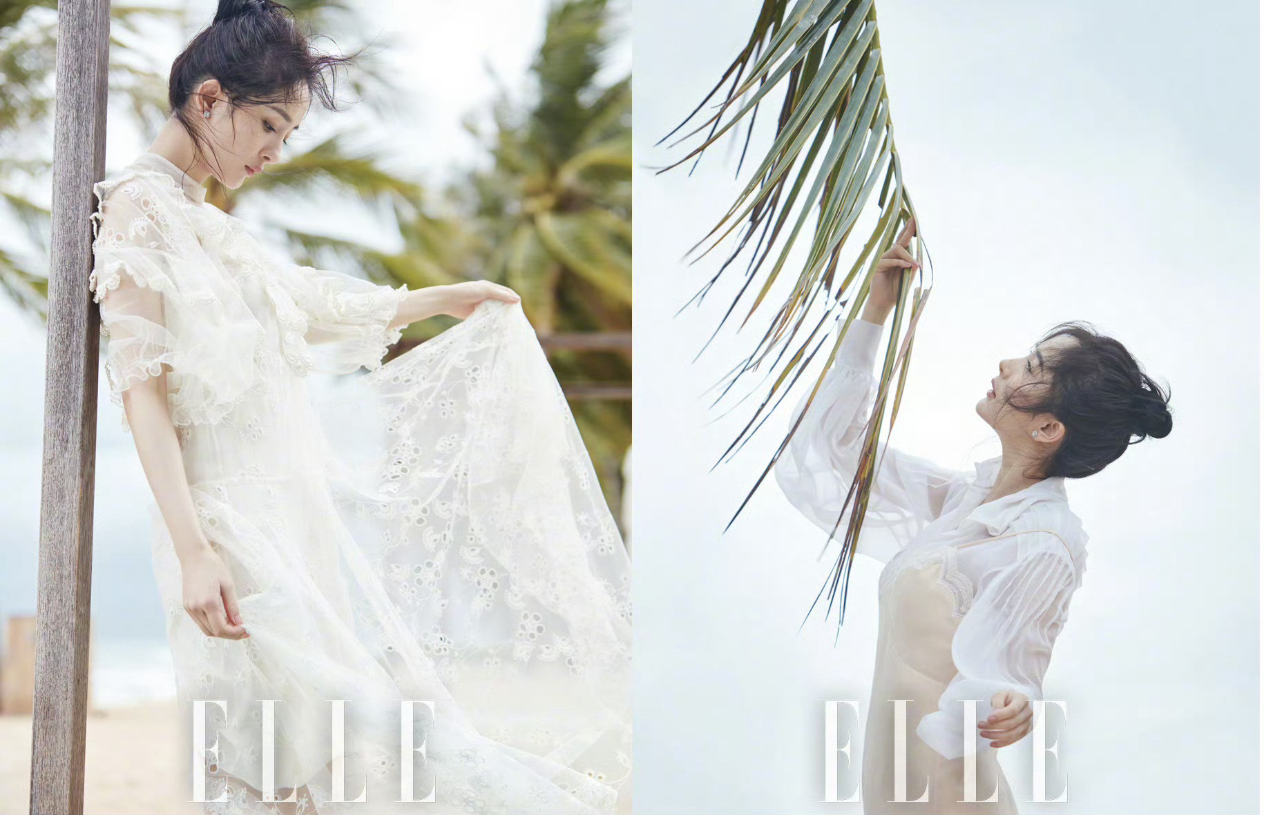 杨幂分享一组ELLE大片，海边沙滩美景美人～