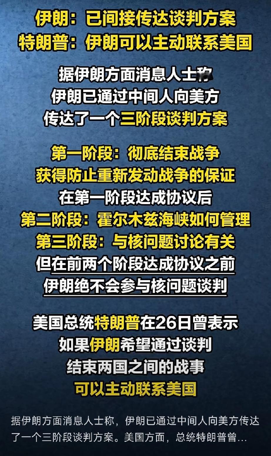 定了，美伊战争不了了之！伊朗通过巴基斯坦提交了一个折中、和缓、模糊其词的停