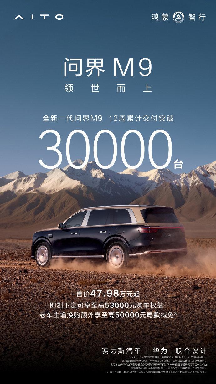 全新一代问界M9上市12周交付30000台，均价60万元。这款车是5月末尾上市的，从6月开始批量交付