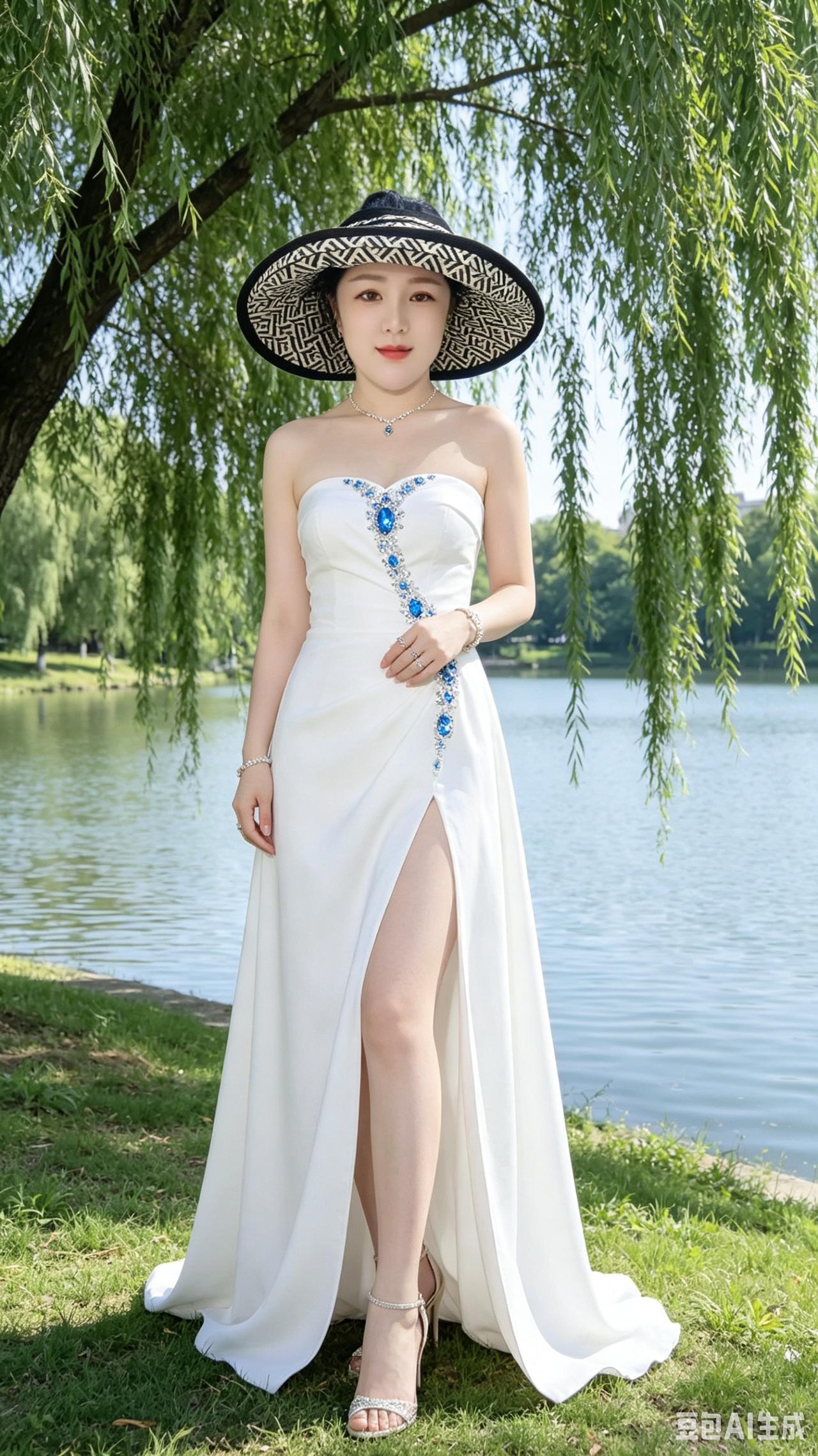 夏日清风轻绕着垂柳与湖水，女子气质温婉且从容。她换下平日朴素衣衫，一袭长裙尽显精