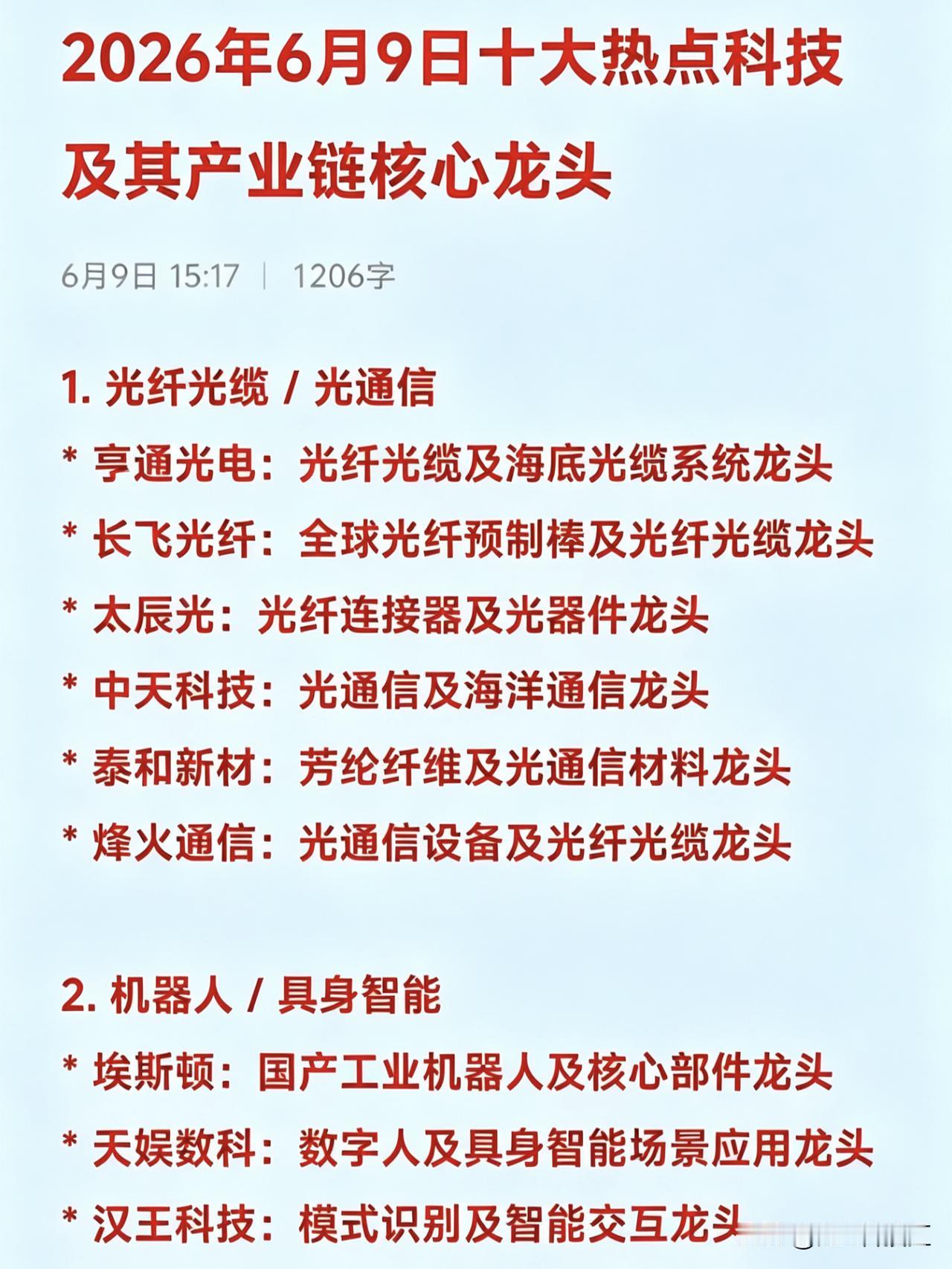 2026年6月9日十大热点科技及其产业链核心龙头1.光纤光缆/光通信*