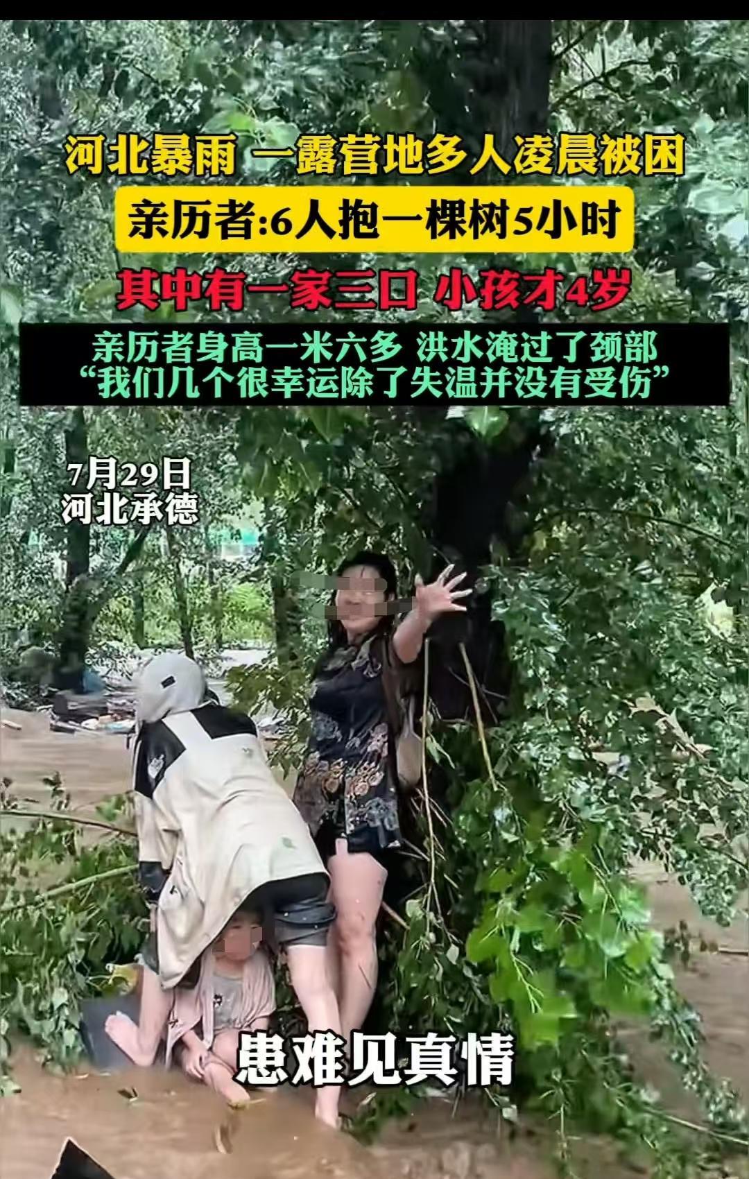 河北承德，几家人一起去露营，遇到下雨被洪水困住，六个人就一起抱着那棵树，长达五个