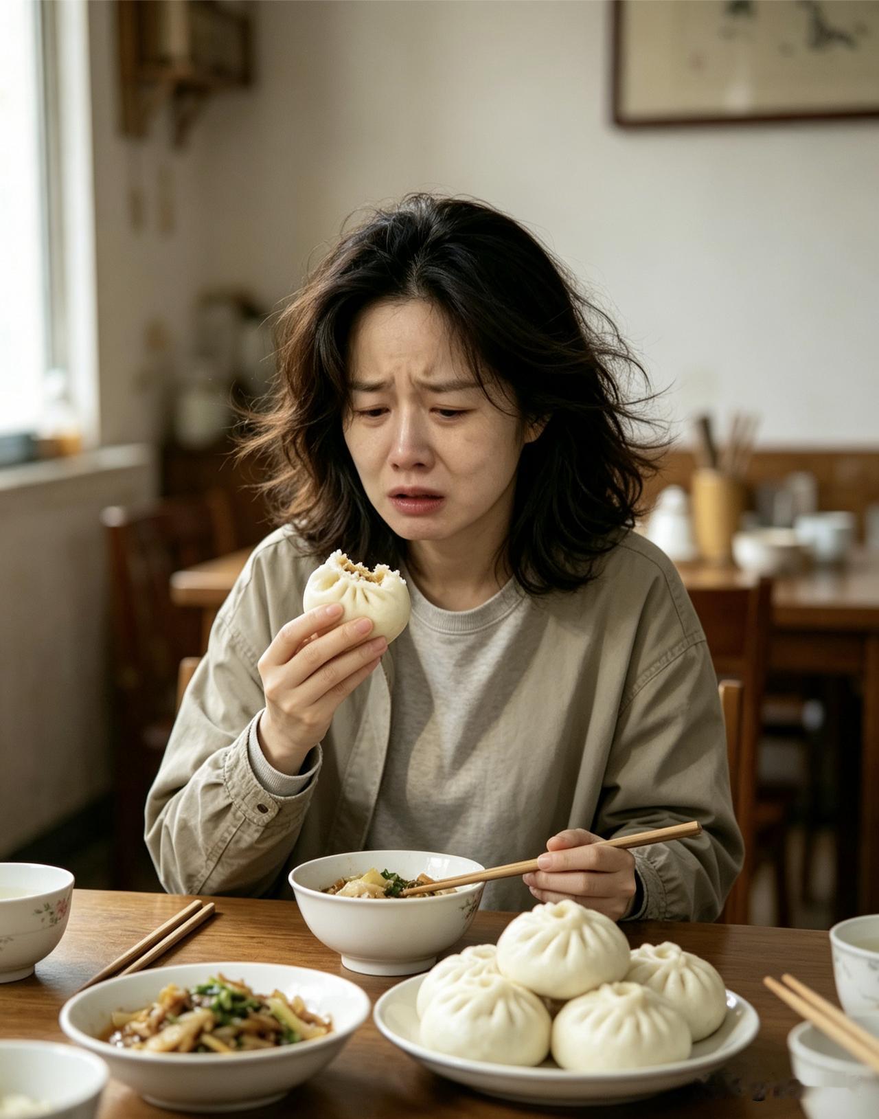 昨天回娘家吃包子，刚咬一口，肉馅掉在裤子上。我正低头擦呢，弟媳“啪”把筷子拍在桌