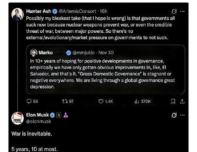 马斯克大半夜在网上发文预测战争，这次可不是闹着玩的！马斯克又发文了，这次的内容可