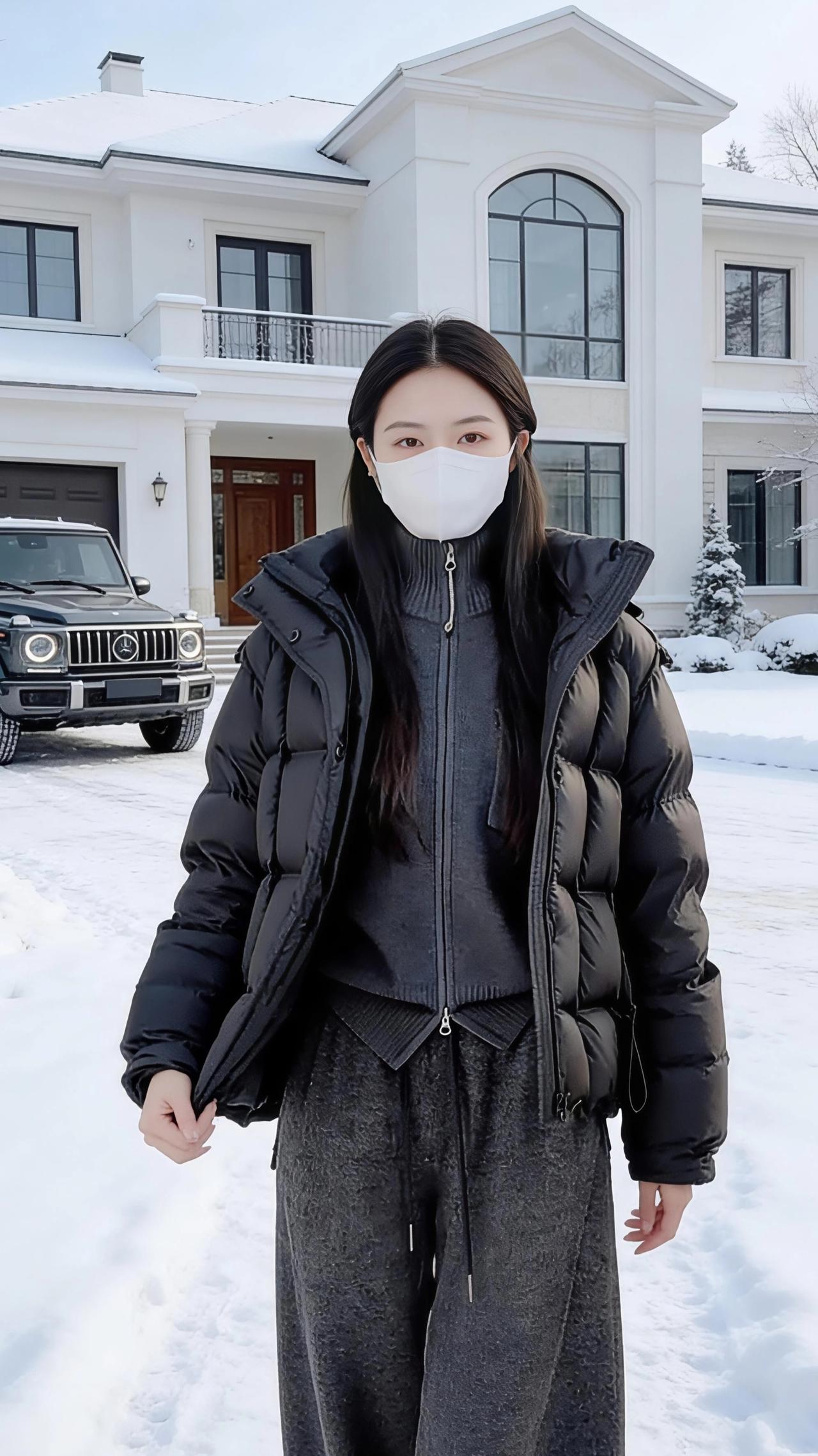雪把别墅的檐角裹成了软的弧，连门前的越野车都蒙了层绒白的雾——她裹着那件黑色羽绒